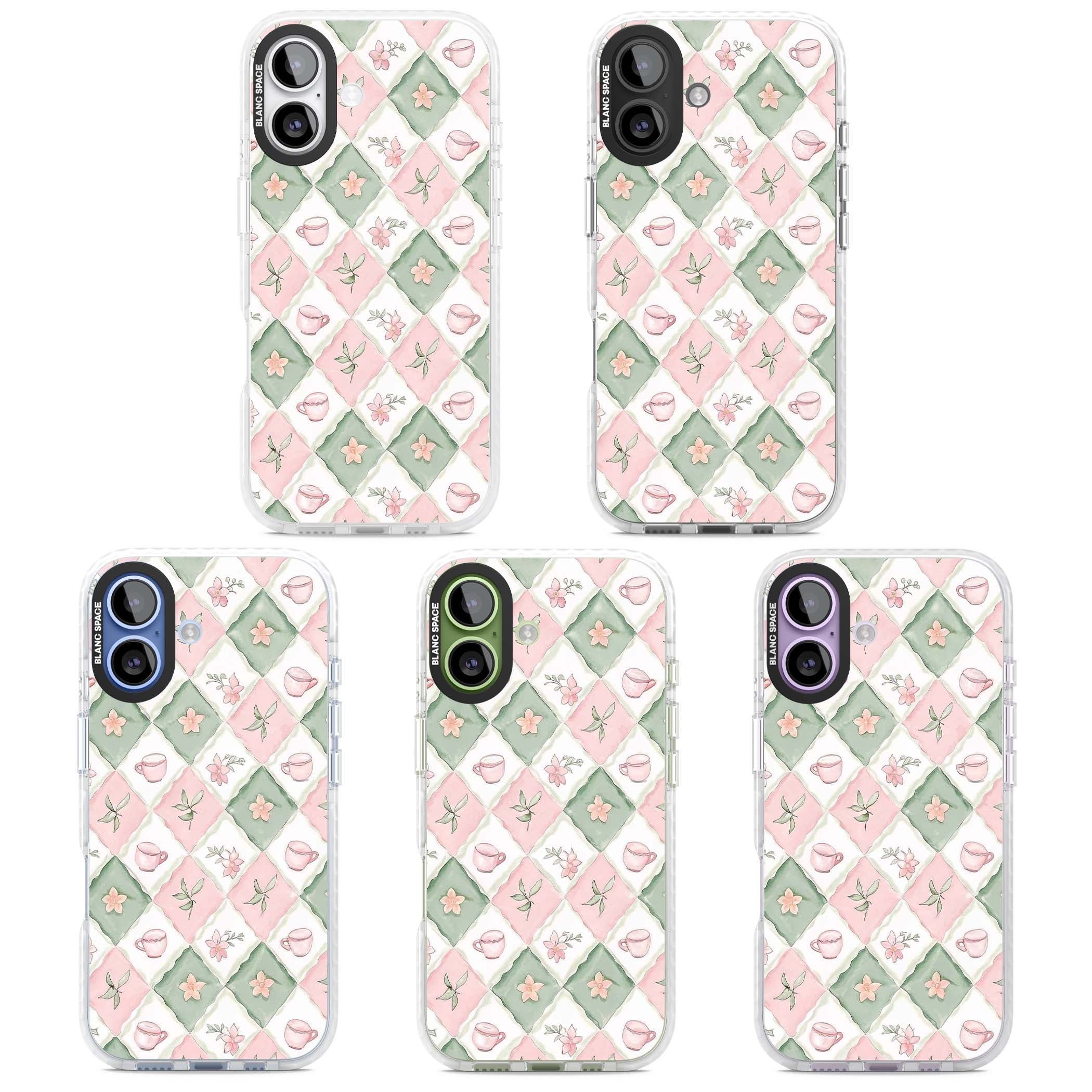 Garden Tea Party coquette iPhone case with pink and green checkered pattern, watercolour teacups and wildflowers | Black Impact case for iPhone 17