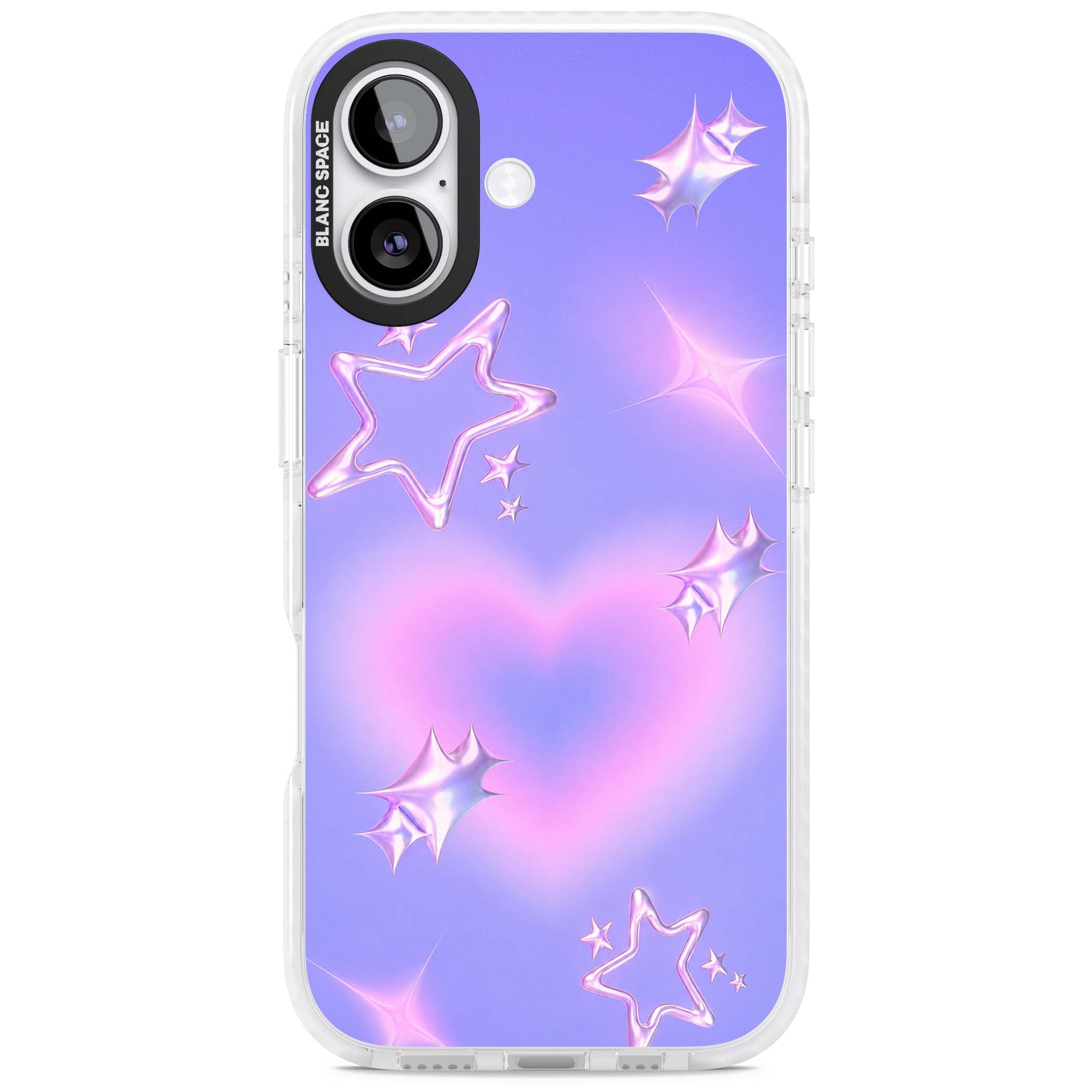 Soft Sugar Y2K iPhone case featuring iridescent chrome hearts, metallic pink stars and a lavender gradient sky | Black Impact case for iPhone 17