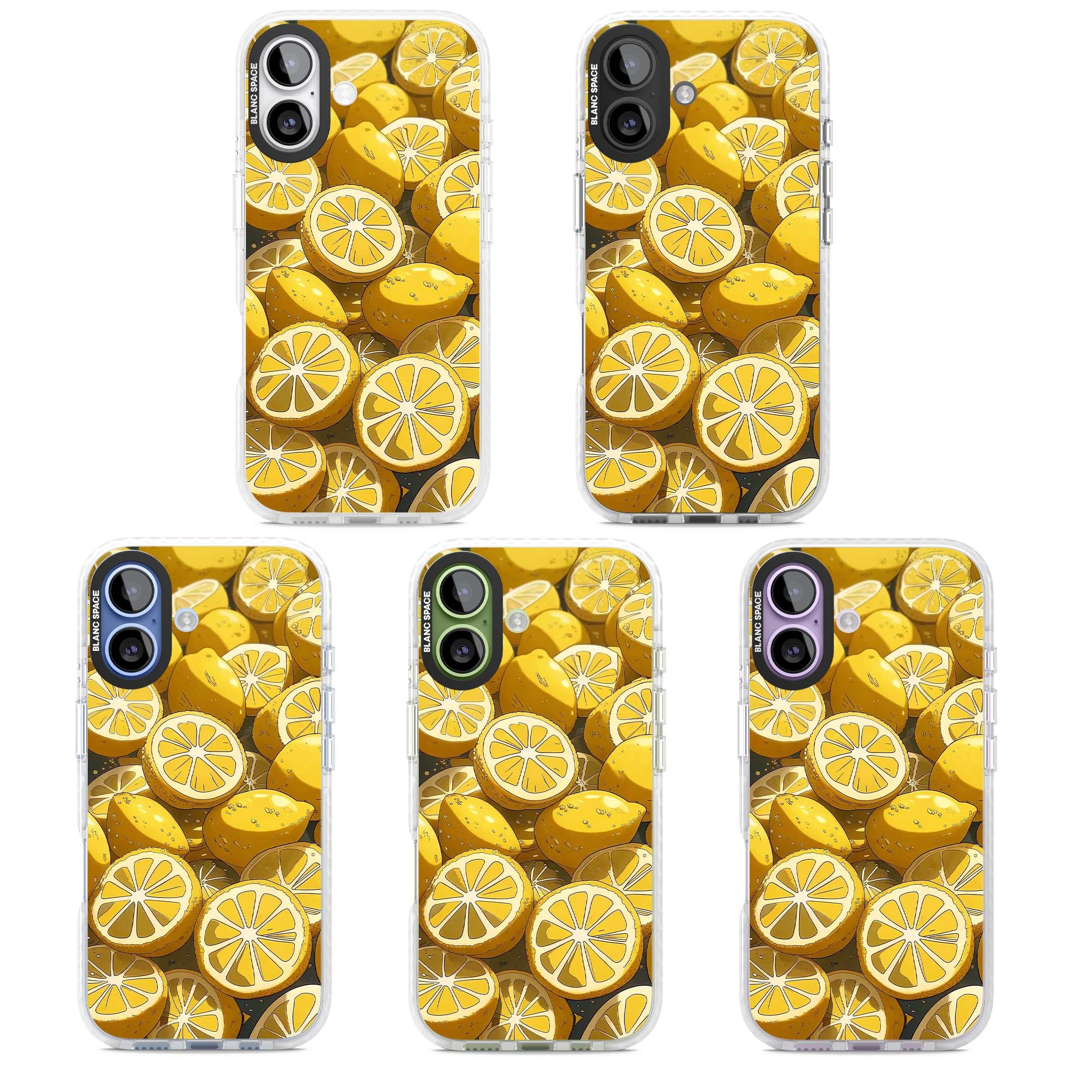 Zesty coastal iPhone case featuring illustrated Mediterranean lemons and citrus slices in golden yellow | Black Impact case for iPhone 17