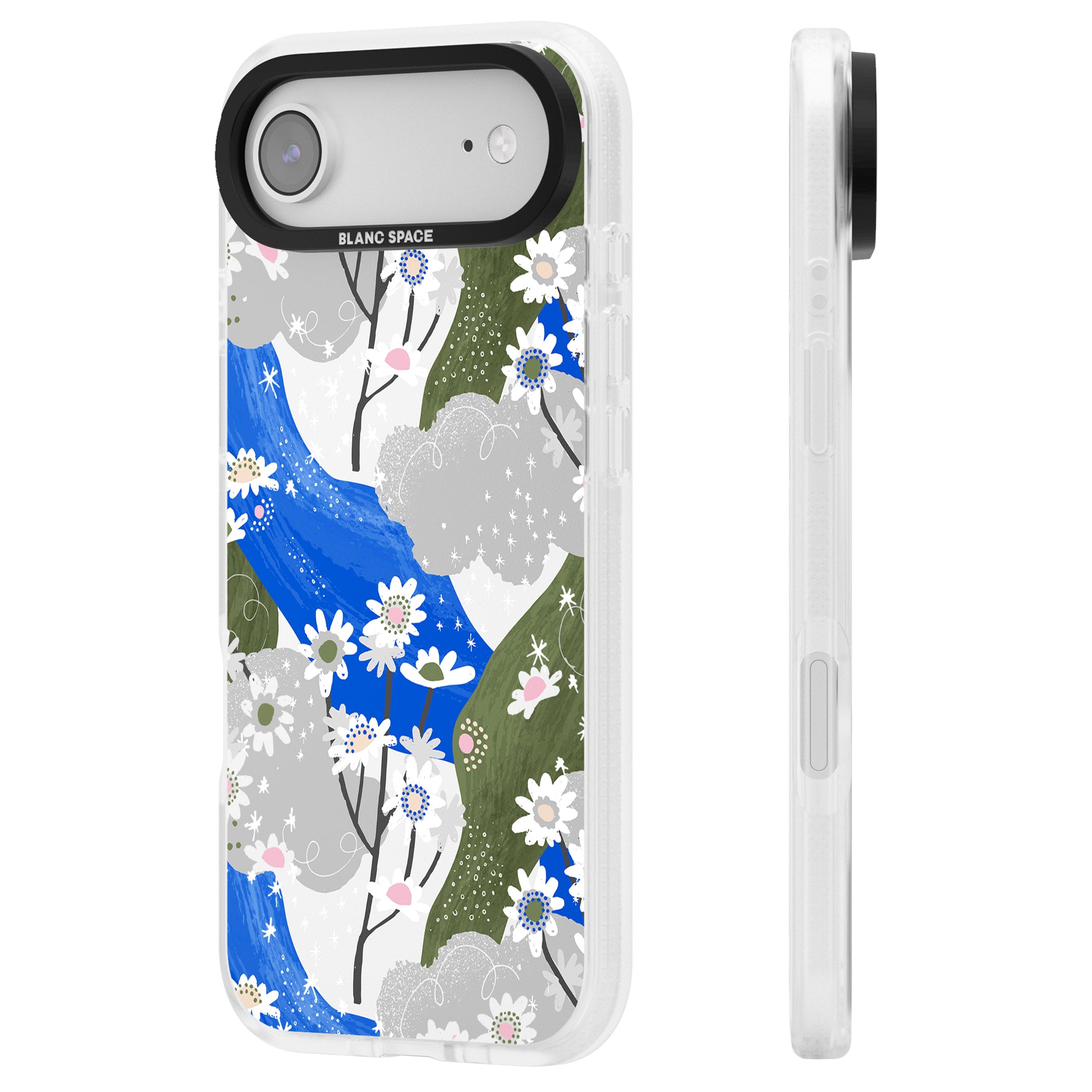 Blue & Grey Daisies Pattern iPhone 17 Air Impact Air Clear Phone Case Side Profile