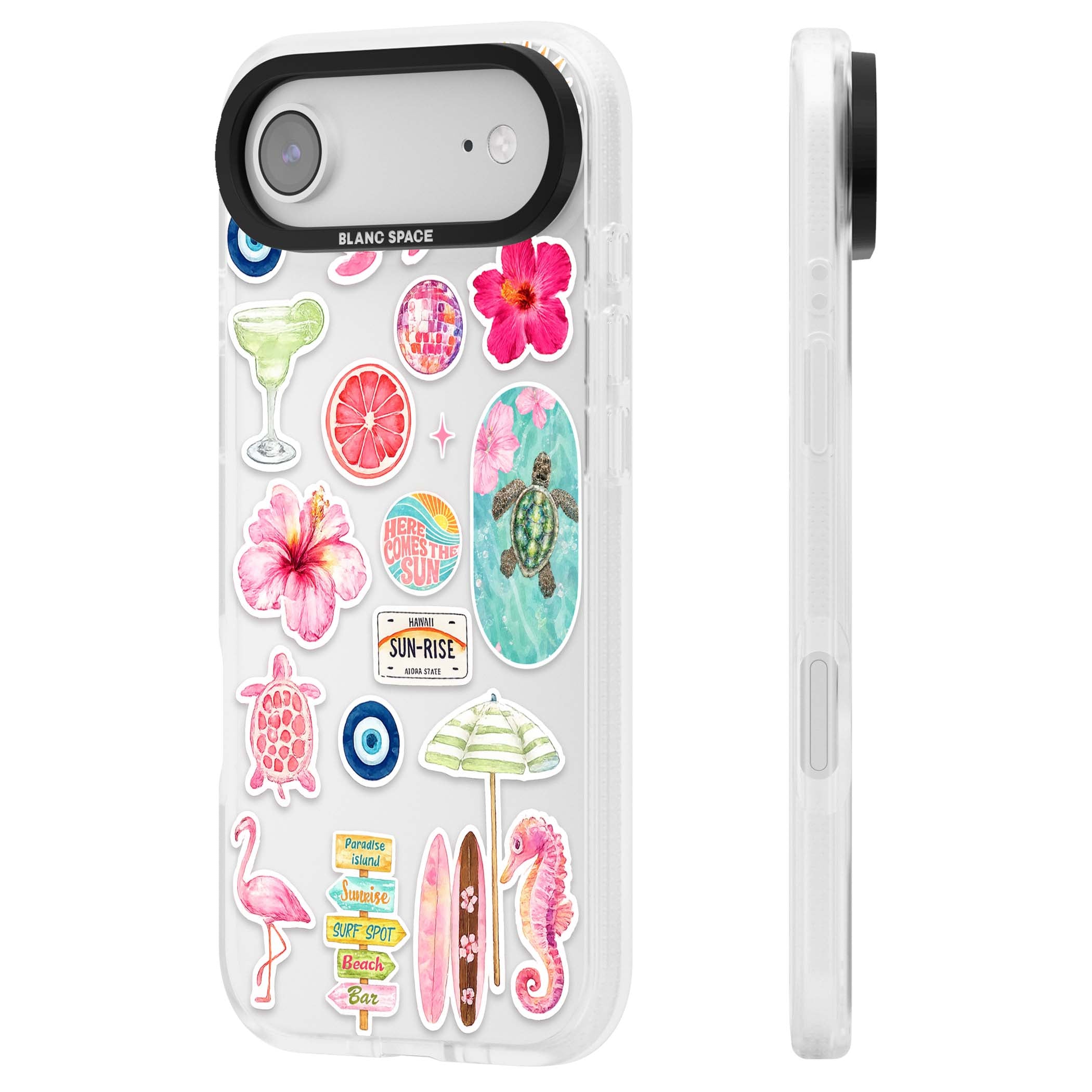 Aloha Sticker Mix tropical summer iPhone case featuring pink hibiscus, sea turtles, flamingo and beach umbrella stickers | Clear Case Impact Air case for iPhone Air