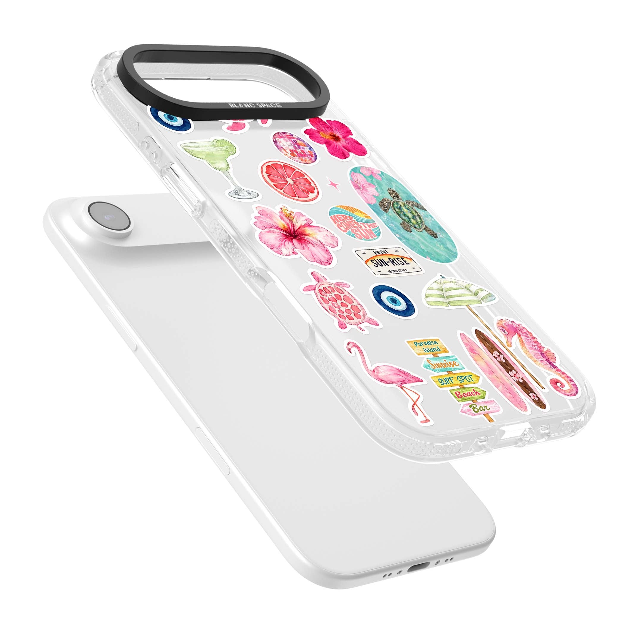 Aloha Sticker Mix tropical summer iPhone case featuring pink hibiscus, sea turtles, flamingo and beach umbrella stickers | Clear Case Impact Air case for iPhone Air