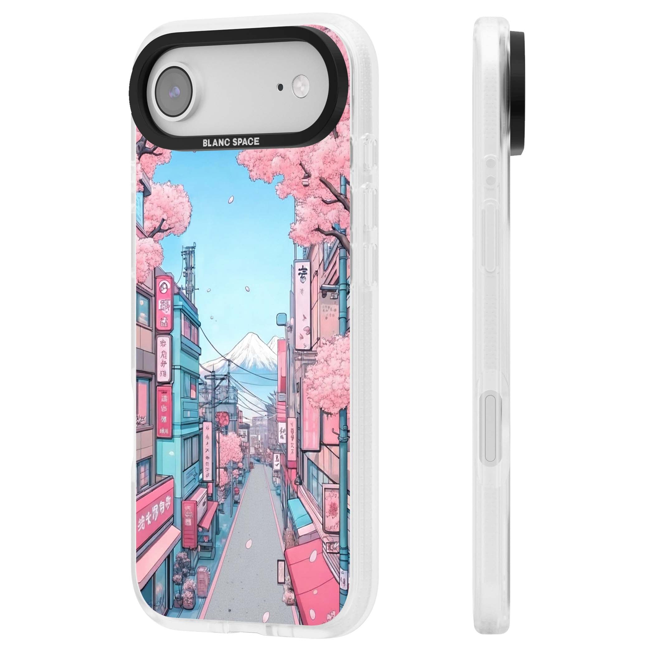 Sakura Lane anime iPhone case featuring Tokyo street scene with cherry blossoms and Mount Fuji | Clear Case Impact Air case for iPhone Air