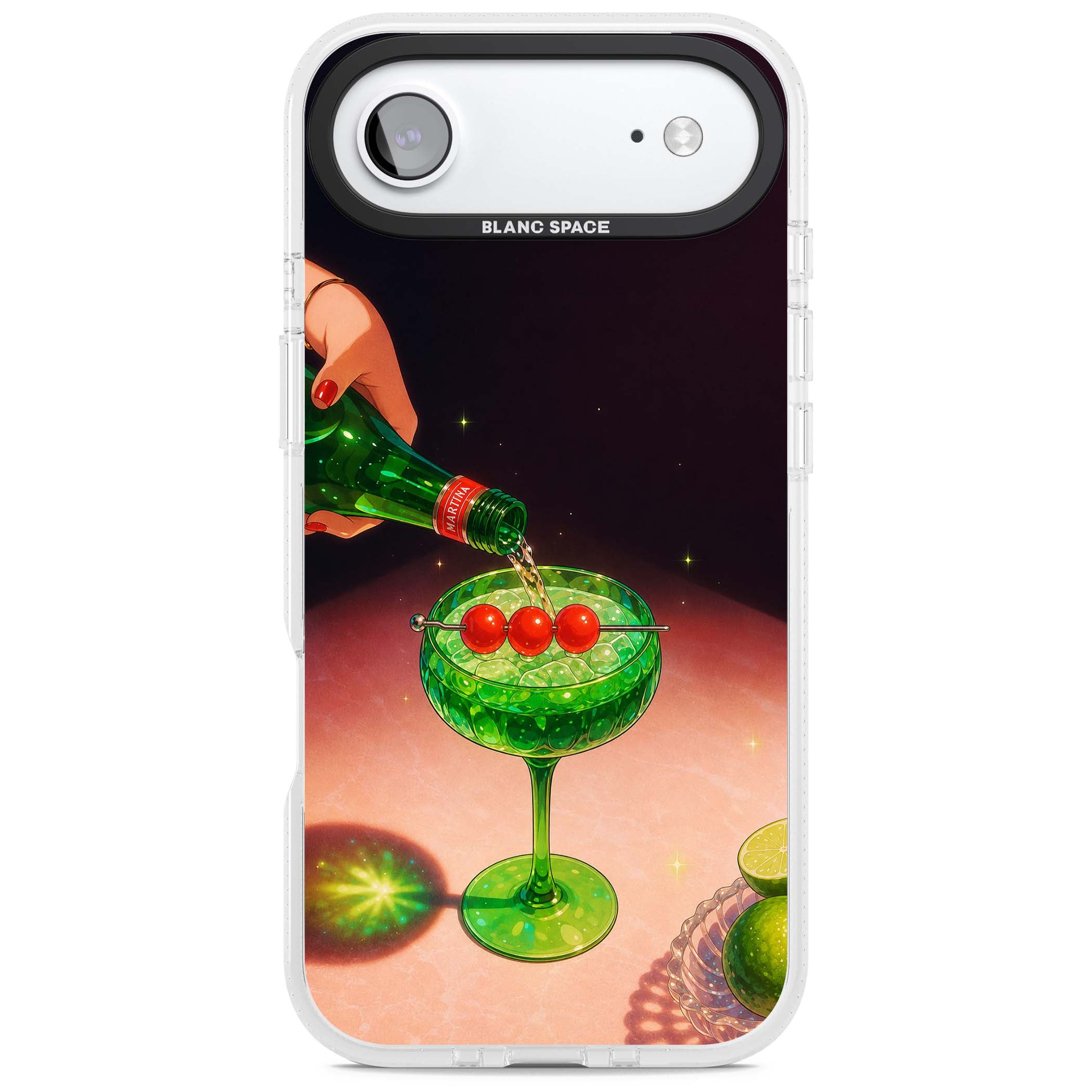 Absinthe Hour cocktail iPhone case featuring a green coupe glass, cherry garnish and vintage bottle pour illustration | Clear Case Impact Air case for iPhone Air