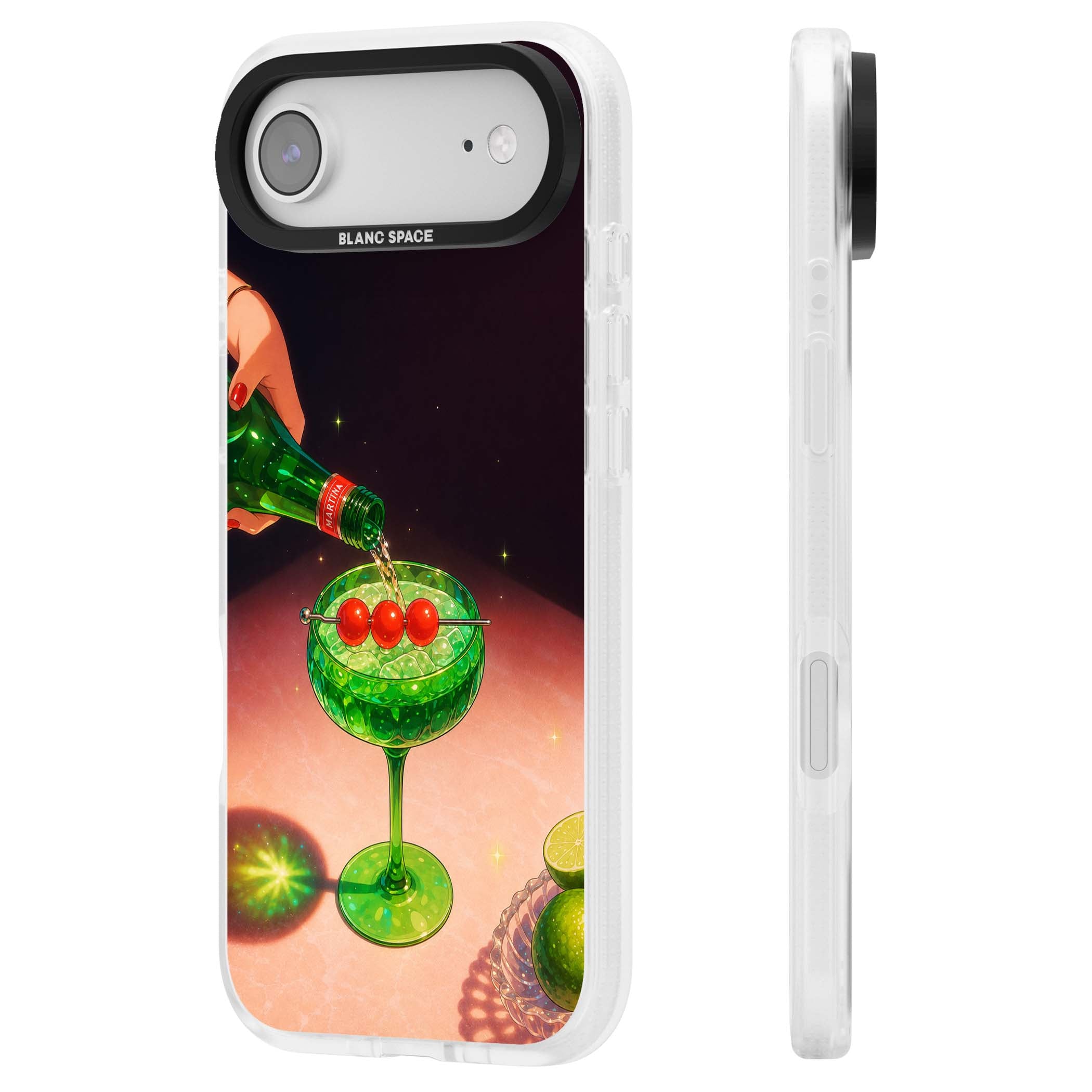 Absinthe Hour cocktail iPhone case featuring a green coupe glass, cherry garnish and vintage bottle pour illustration | Clear Case Impact Air case for iPhone Air