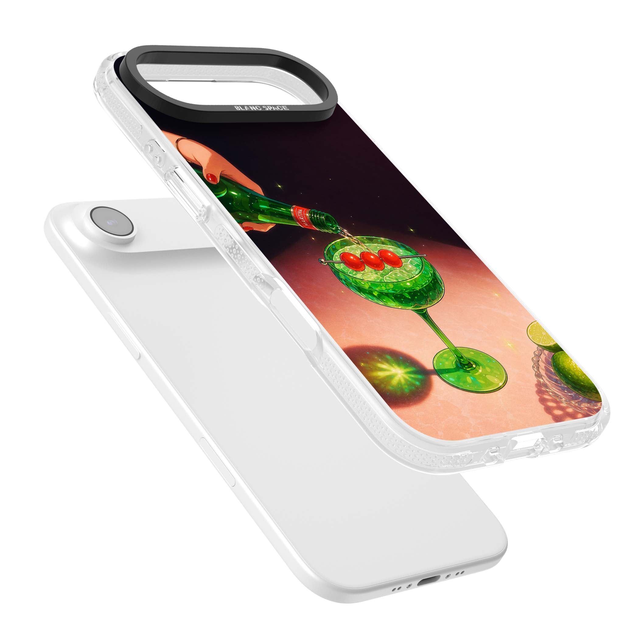 Absinthe Hour cocktail iPhone case featuring a green coupe glass, cherry garnish and vintage bottle pour illustration | Clear Case Impact Air case for iPhone Air