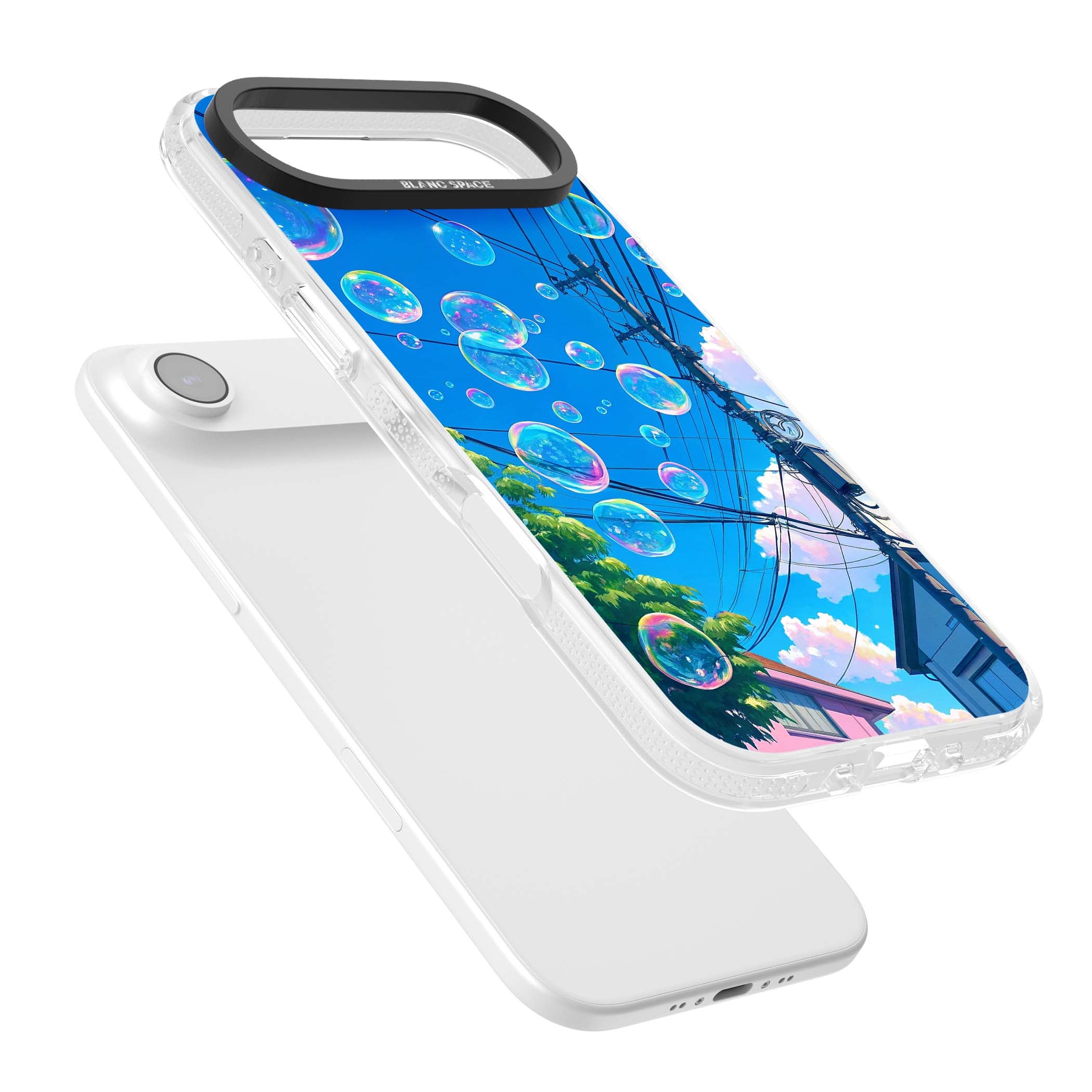Suburban Bubbles anime iPhone case featuring iridescent soap bubbles, blue sky and Japanese telephone wires | Clear Case Impact Air case for iPhone Air