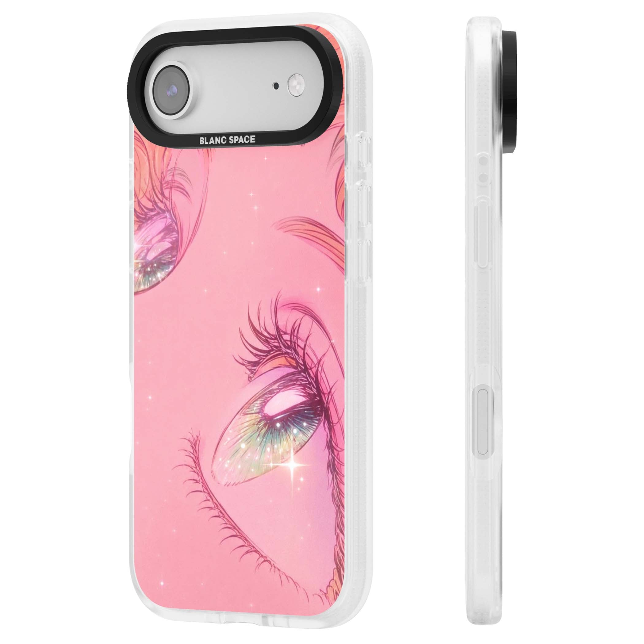 Pink Ethereal Gaze anime iPhone case featuring sparkling manga eyes, coral lashes and dreamy peach sky | Clear Case Impact Air case for iPhone Air
