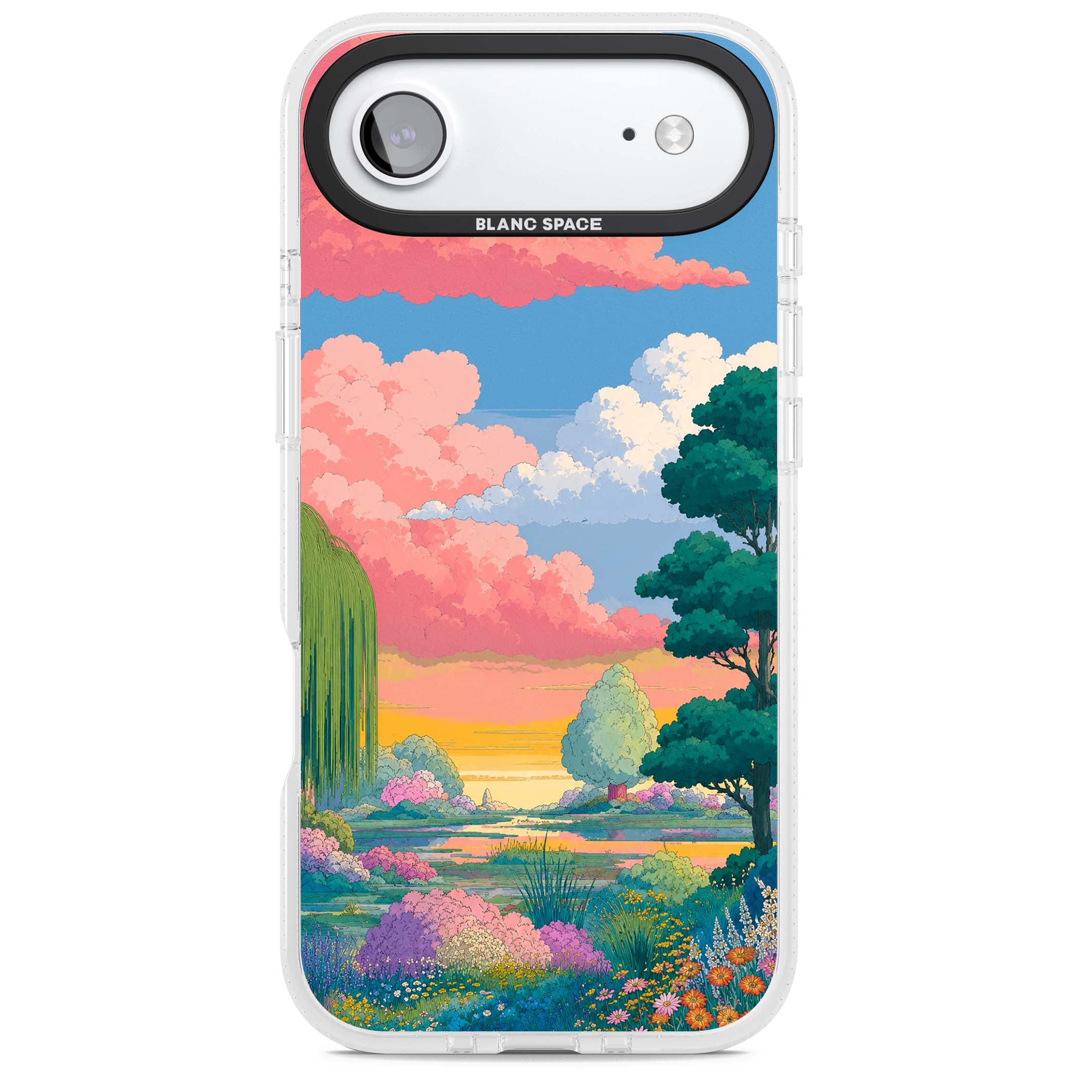 Dream Valley anime landscape iPhone case featuring pink sunset clouds, willow trees and wildflowers | Clear Case Impact Air case for iPhone Air