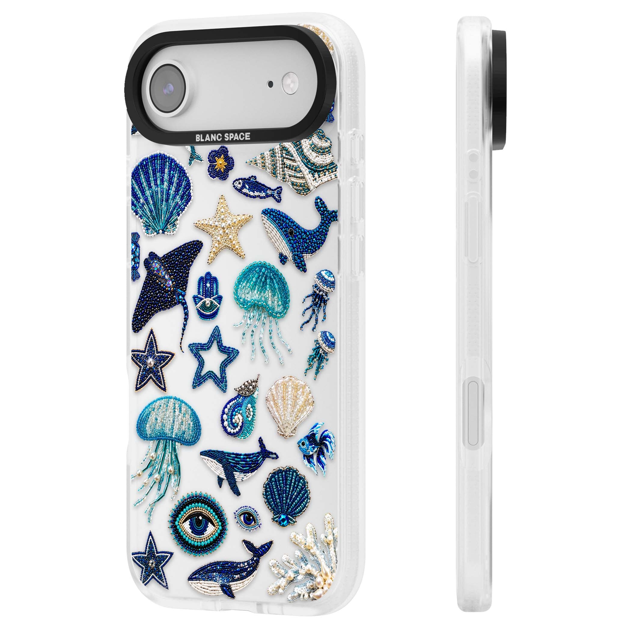Beaded Coastal coastal iPhone case featuring embroidered seashells, jellyfish and a blue whale on clear | Clear Case Impact Air case for iPhone Air