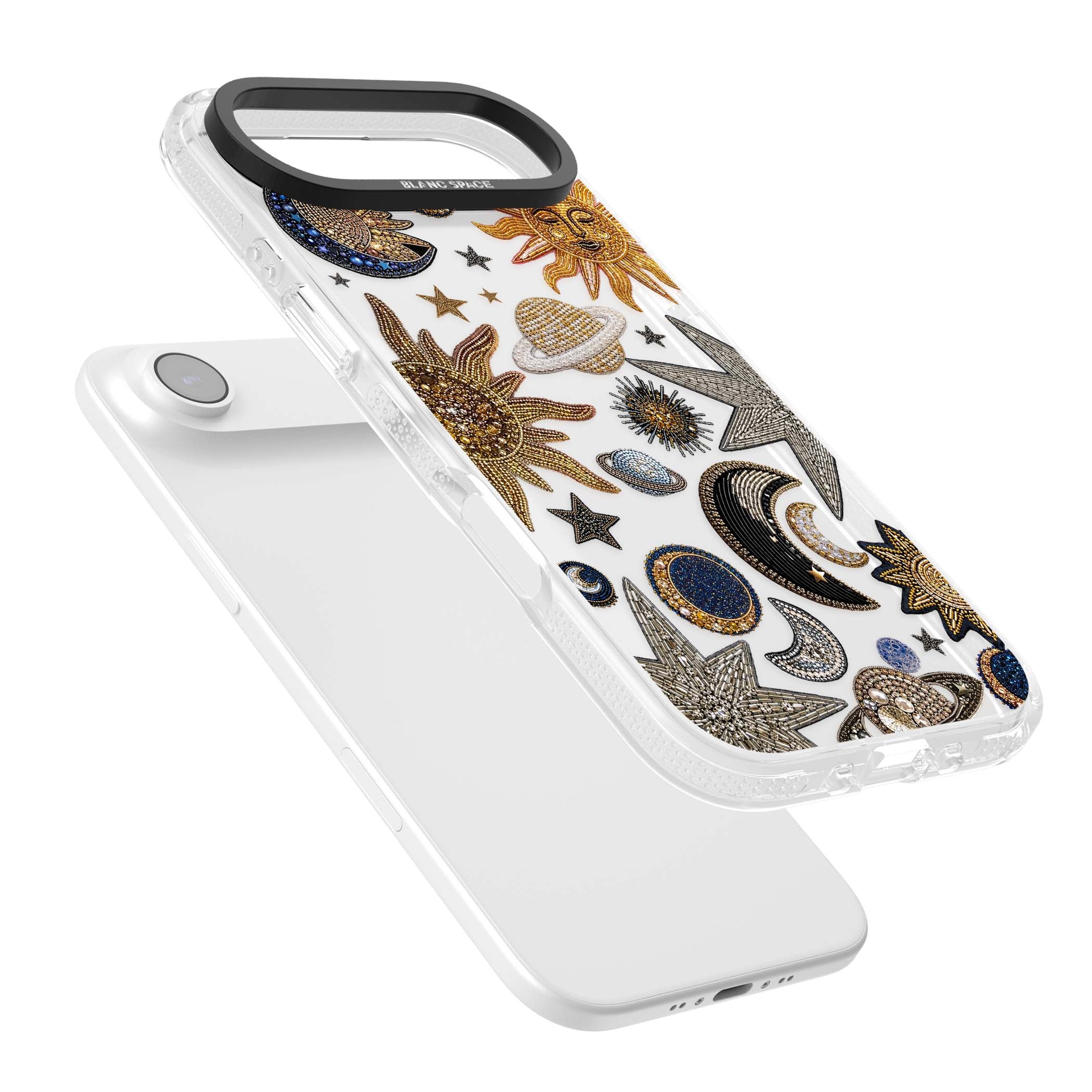 Beaded Cosmos celestial iPhone case featuring embroidered golden suns, beaded planets and silver shooting stars | Clear Case Impact Air case for iPhone Air