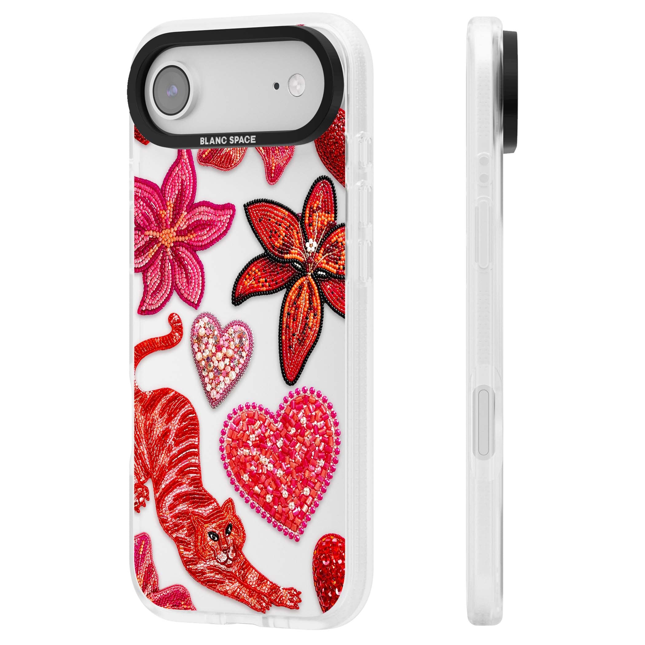Beaded Boho floral iPhone case featuring beaded red lilies, a stitched tiger, and pearl-encrusted hearts on clear | Clear Case Impact Air case for iPhone Air