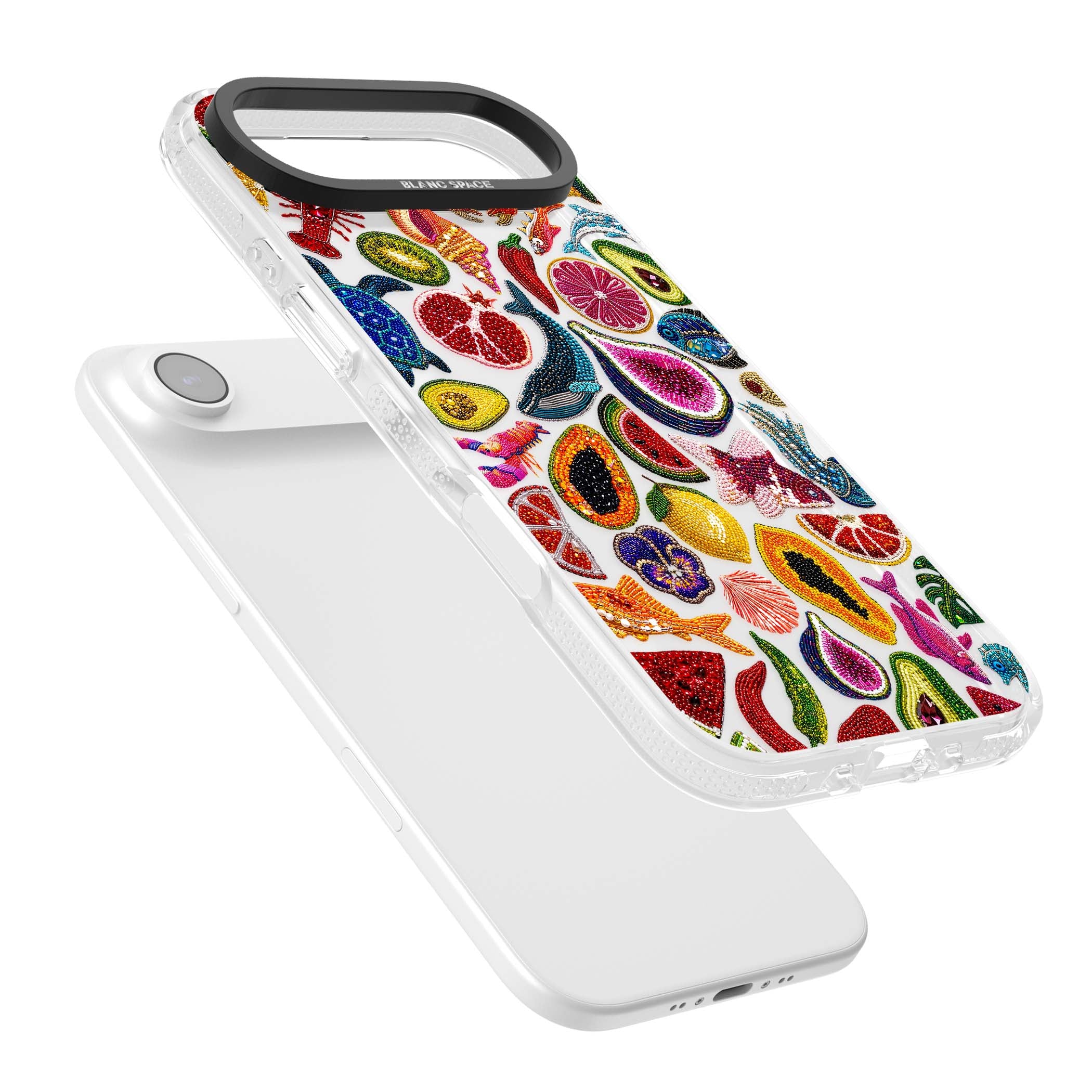 Beaded Tropic tropical iPhone case featuring beaded fruit, fish, crabs and seashells in vibrant colour | Clear Case Impact Air case for iPhone Air