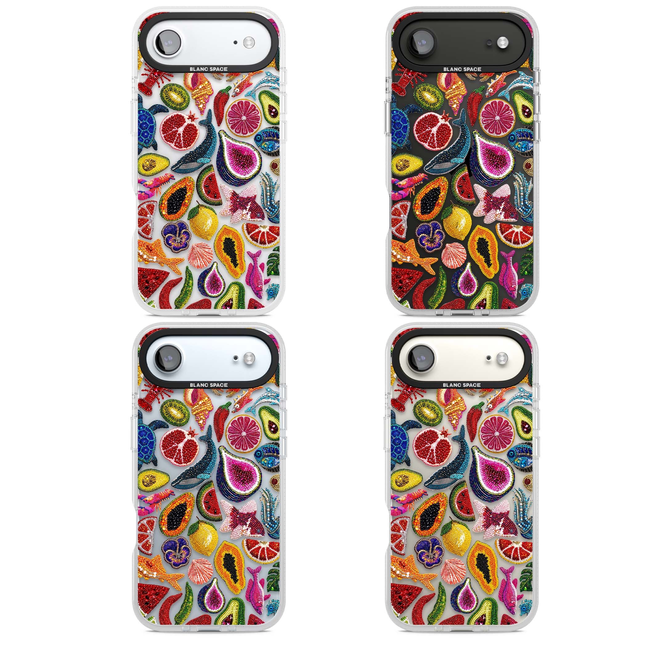 Beaded Tropic tropical iPhone case featuring beaded fruit, fish, crabs and seashells in vibrant colour | Clear Case Impact Air case for iPhone Air