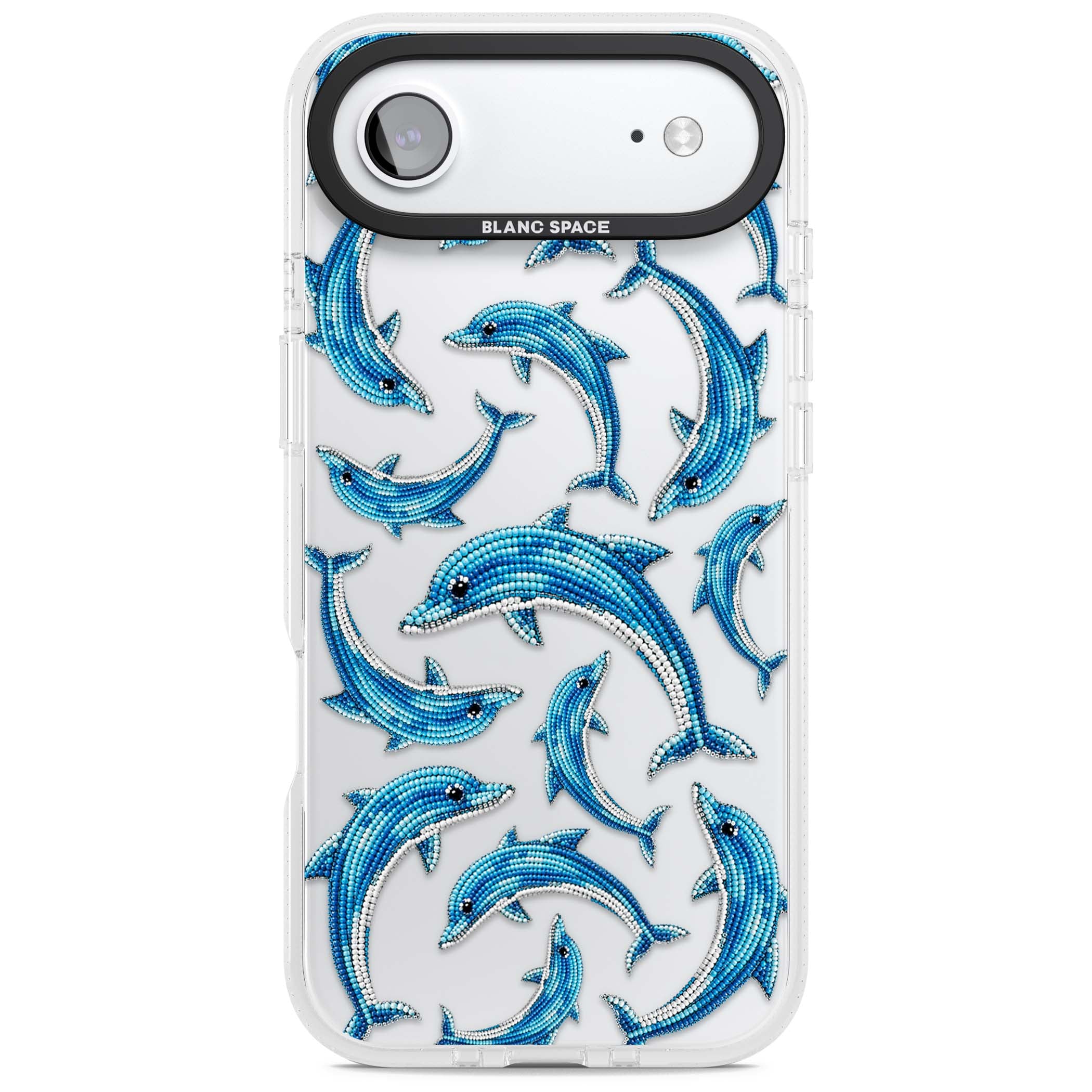 Beaded Dolphins coastal iPhone case featuring beaded dolphins in blue and white swimming across a clear background | Clear Case Impact Air case for iPhone Air