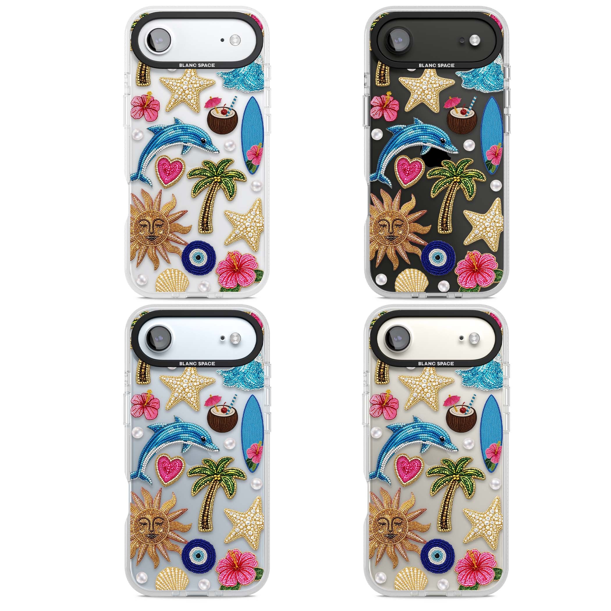 Beaded Beach coastal summer iPhone case featuring embroidered evil eye, hibiscus flowers, dolphin and palm tree patches | Clear Case Impact Air case for iPhone Air