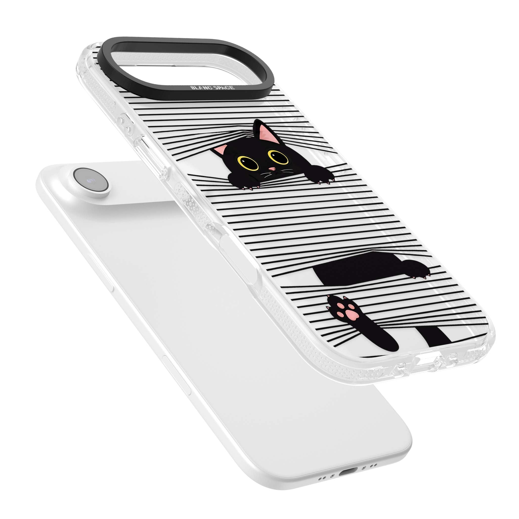 Peek-a-Boo Cat minimal iPhone case featuring black cat peeking through horizontal black and white stripes | Clear Case Impact Air case for iPhone Air