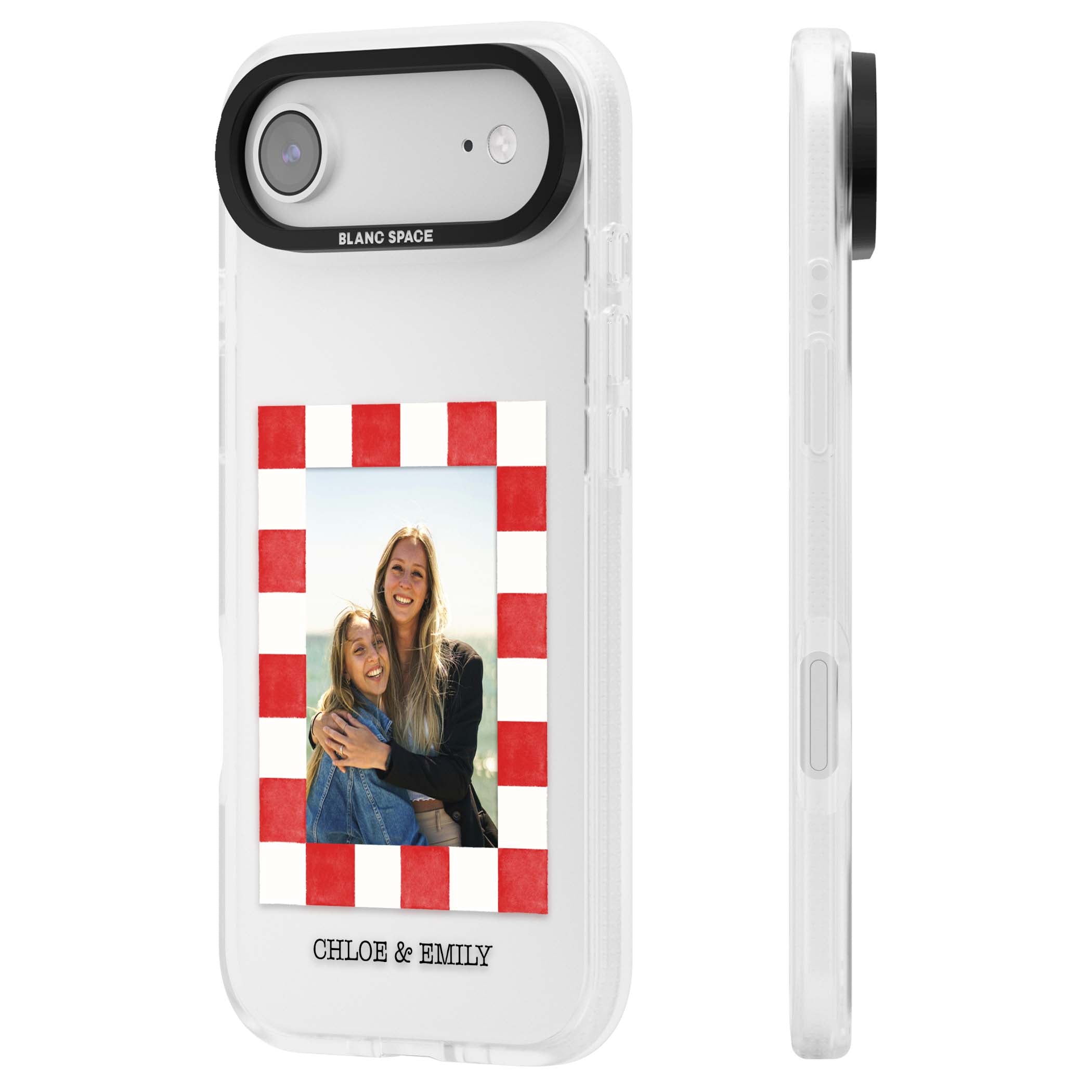 Red Check Photo personalised photo iPhone case with red and white checkered polaroid frame and custom couple name | Clear Case Impact Air case for iPhone Air