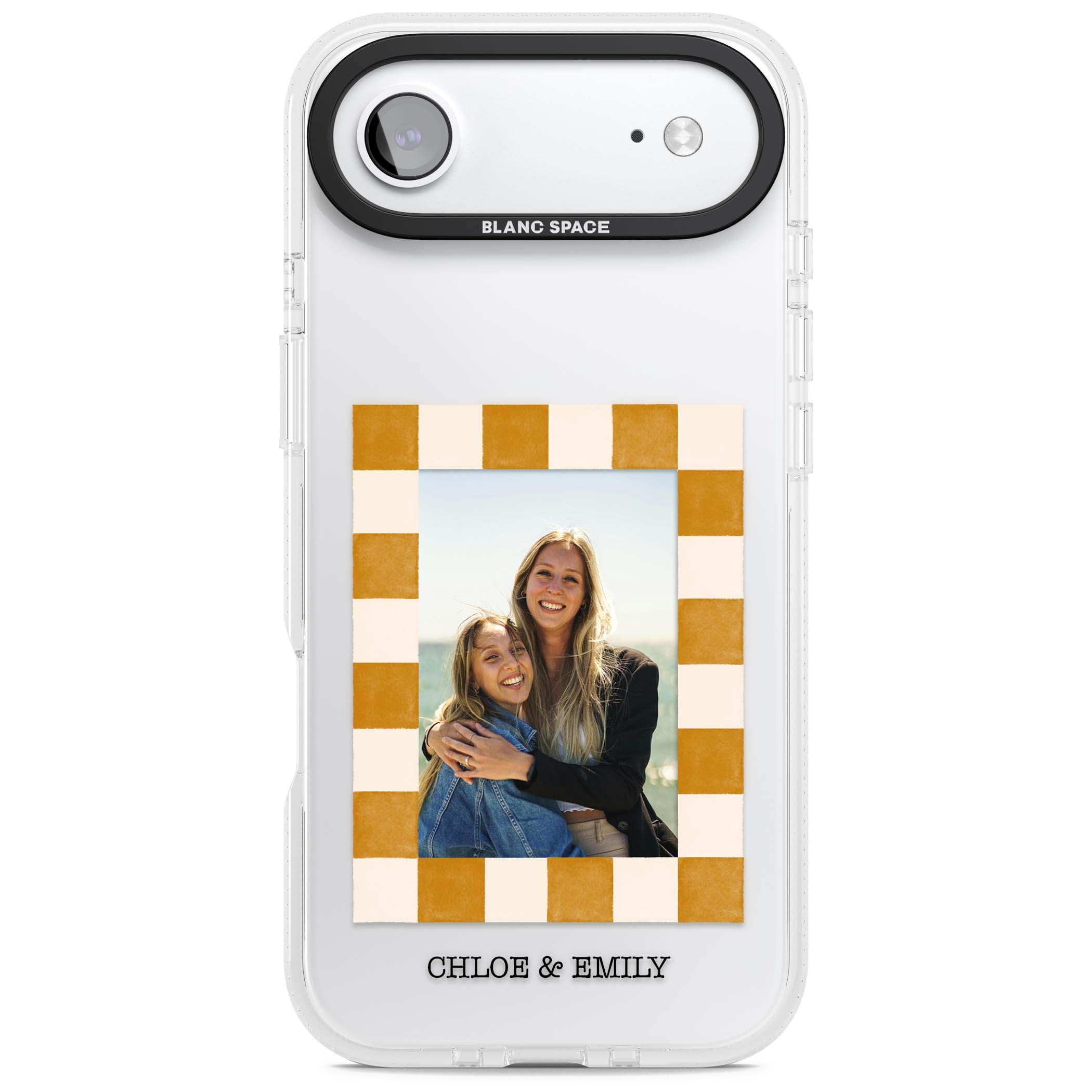 Citrus Check Photo personalised iPhone case with custom photo, orange checkered frame and names underneath | Clear Case Impact Air case for iPhone Air