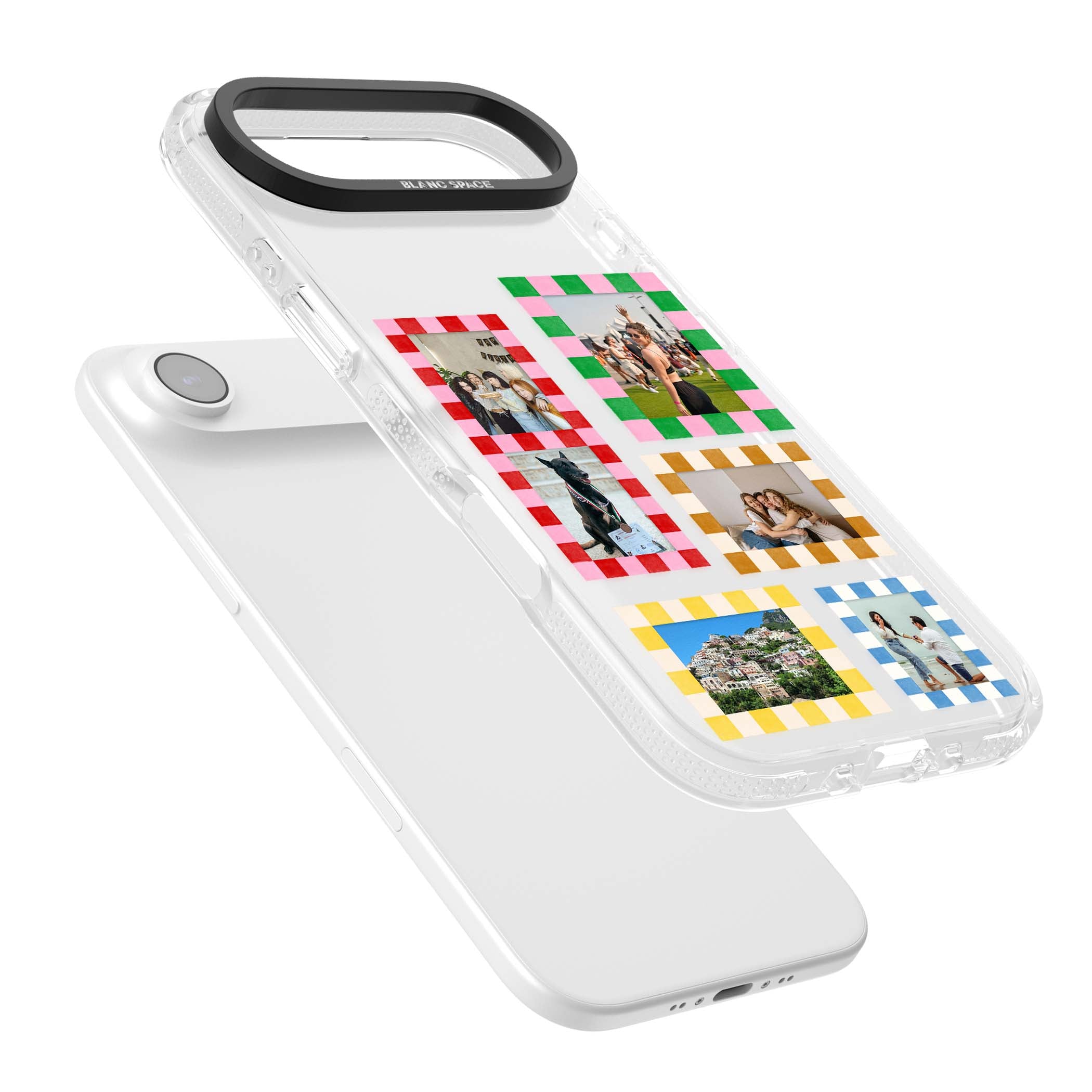 Italian Check Frames custom photo collage iPhone case featuring six checkered photo frames in red, green, pink and  | Clear Case Impact Air case for iPhone Air
