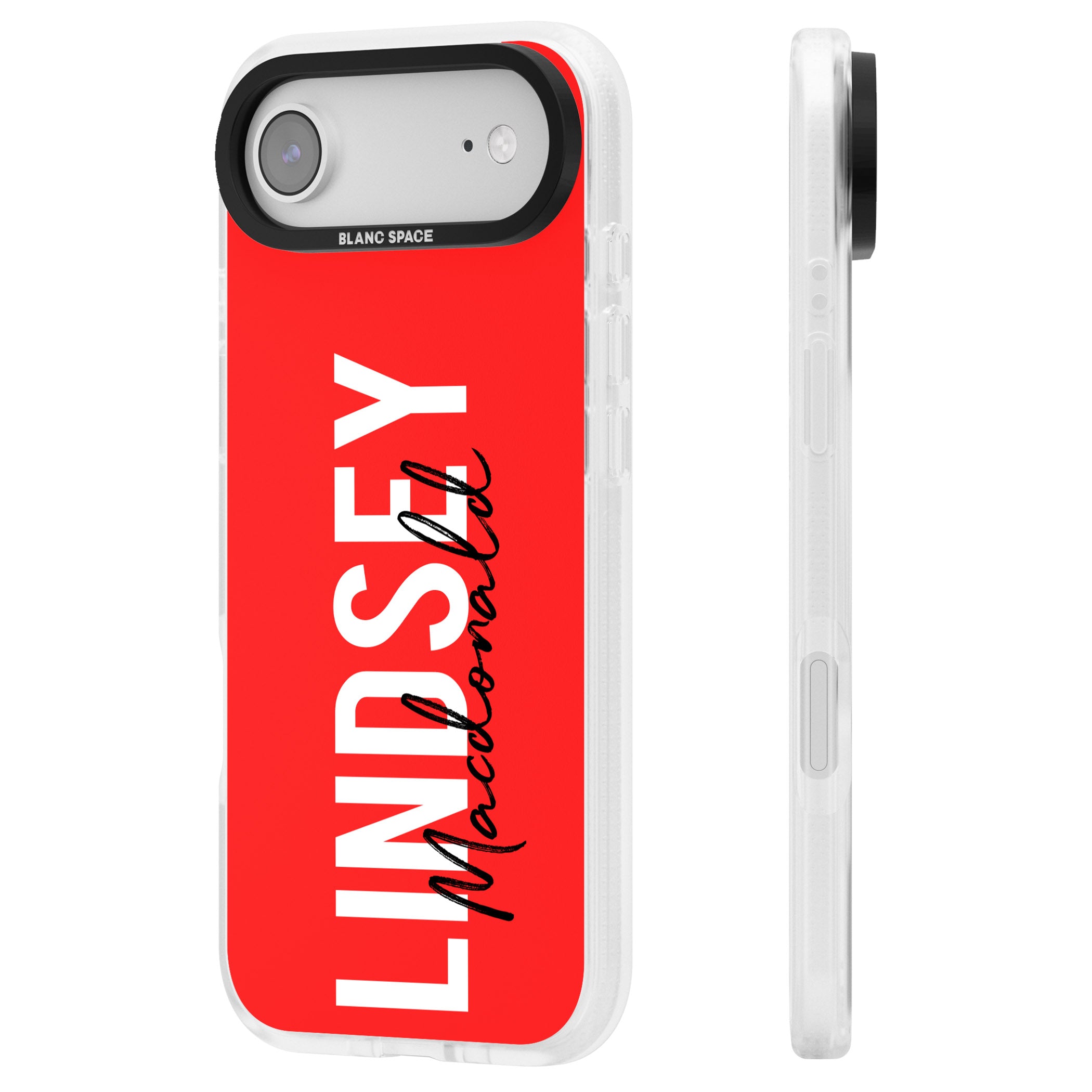 Personalised Bold Name: Red iPhone 17 Air Impact Air Clear Phone Case Side Profile