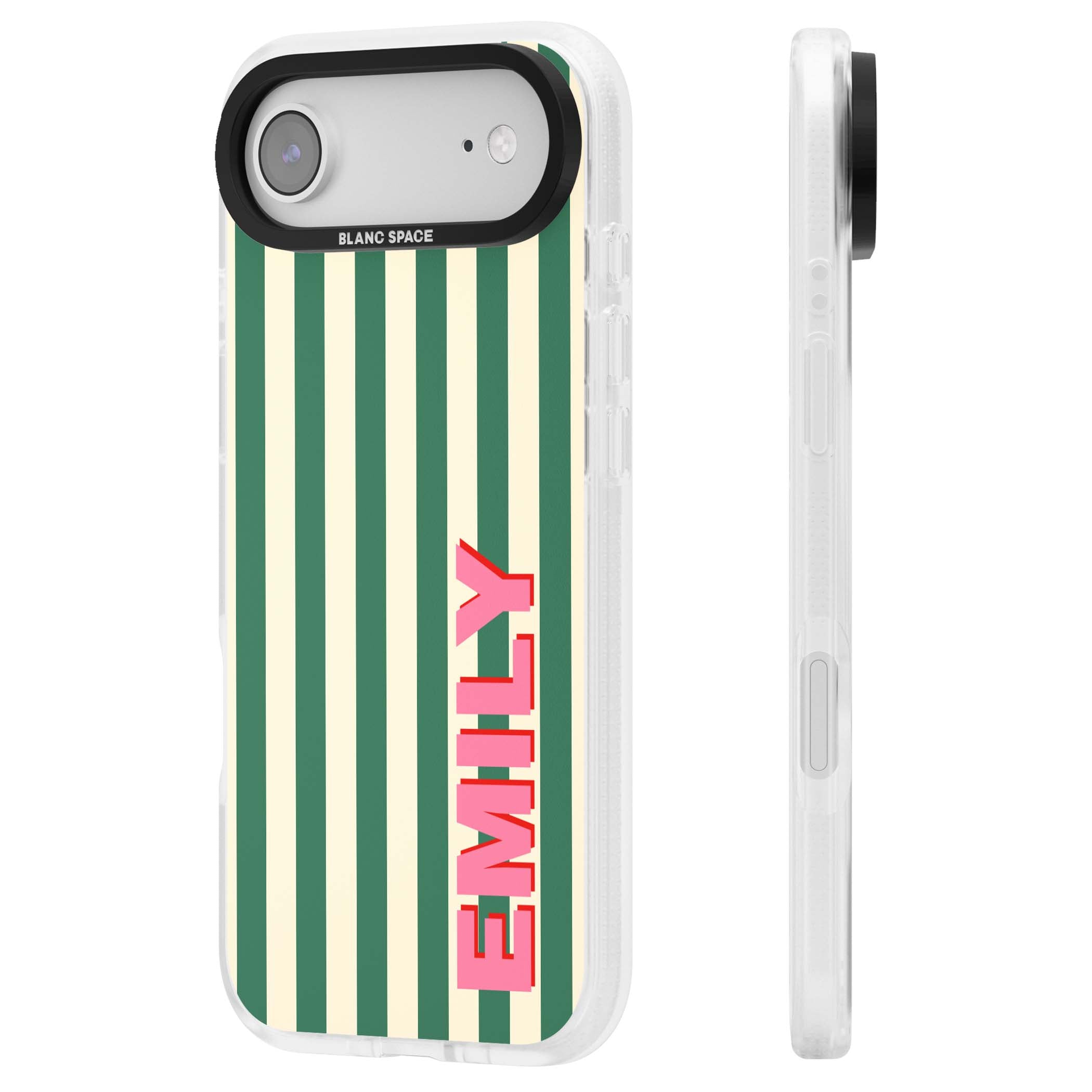 Wimbledon Stripe preppy iPhone case featuring green and cream vertical stripes with a personalised pink name | Clear Case Impact Air case for iPhone Air