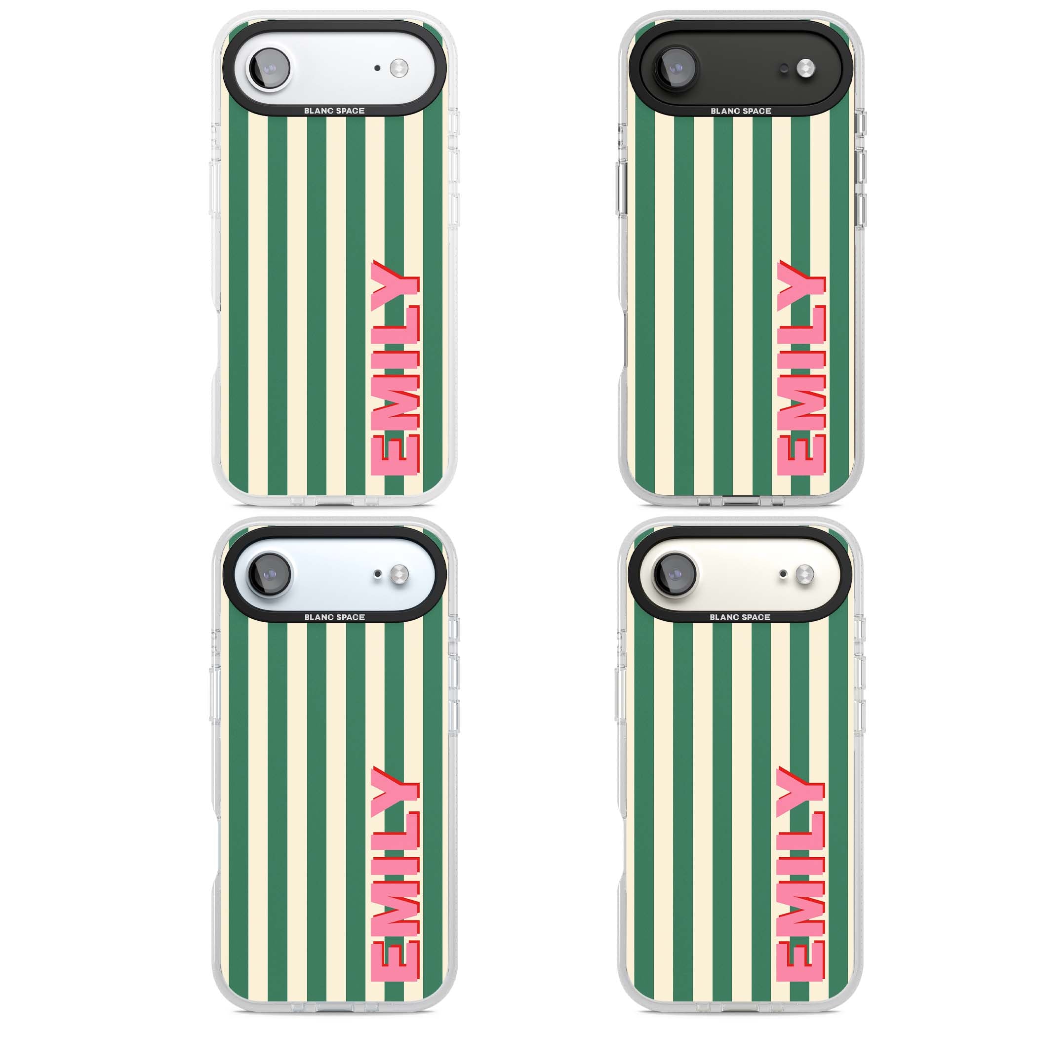 Wimbledon Stripe preppy iPhone case featuring green and cream vertical stripes with a personalised pink name | Clear Case Impact Air case for iPhone Air