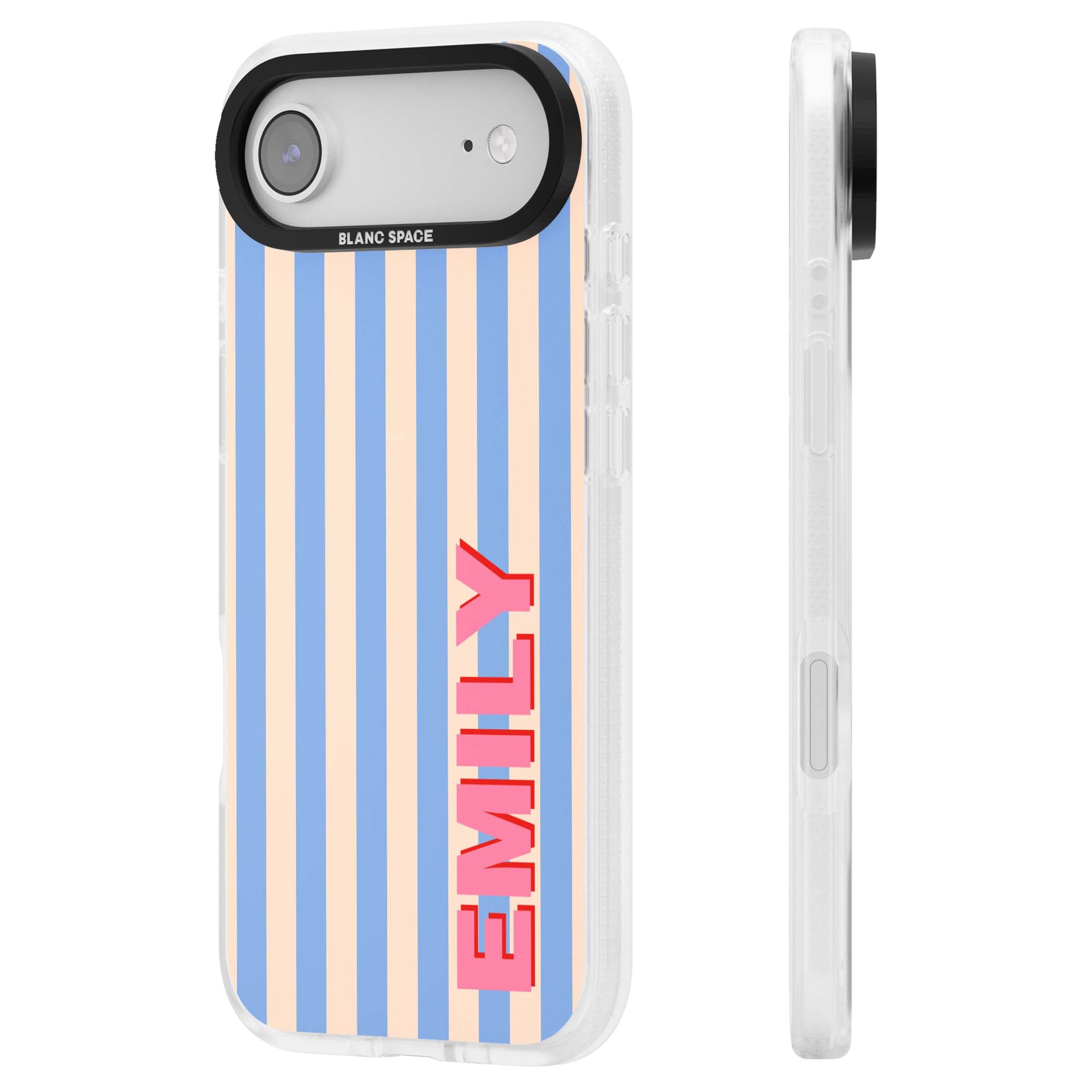 Coastal Stripe personalised coastal iPhone case with blue and peach vertical stripes and custom pink name | Clear Case Impact Air case for iPhone Air