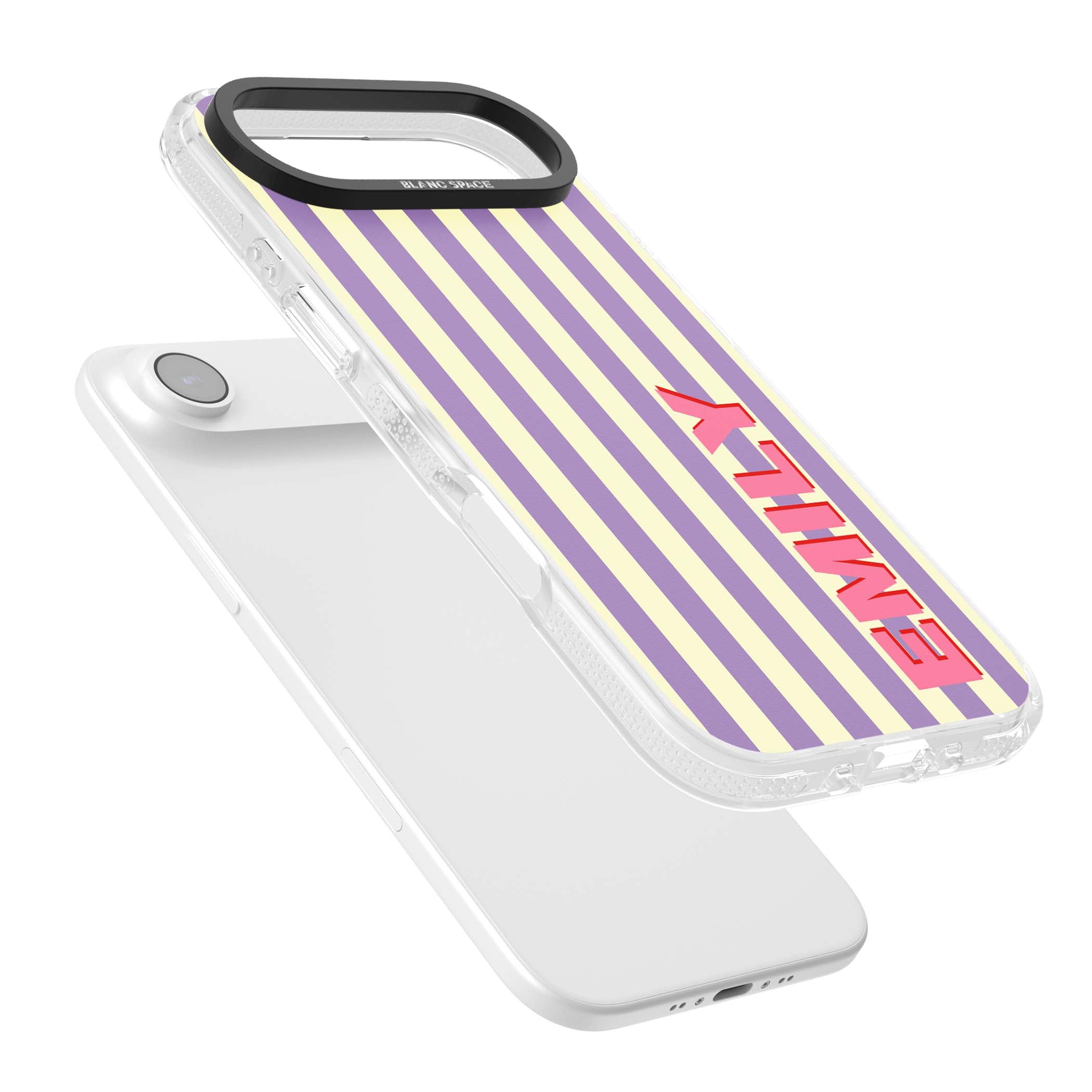 Valensole Stripe personalised iPhone case with purple and cream vertical stripes and pink custom name | Clear Case Impact Air case for iPhone Air