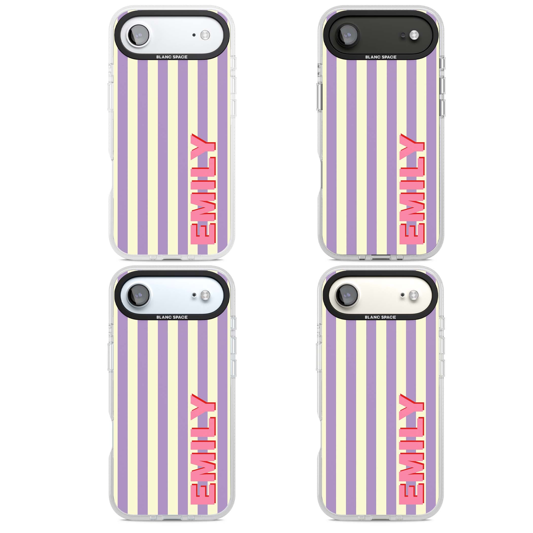 Valensole Stripe personalised iPhone case with purple and cream vertical stripes and pink custom name | Clear Case Impact Air case for iPhone Air