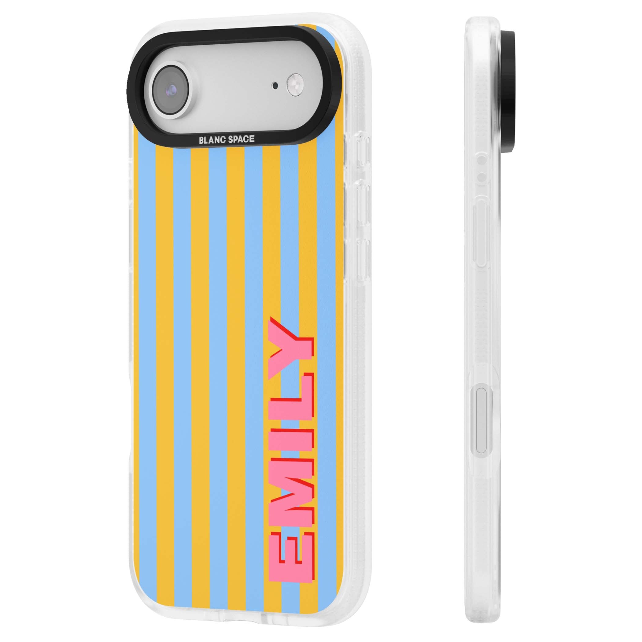 Carribean Stripe personalised coastal iPhone case with yellow and blue vertical stripes and a custom pink name | Clear Case Impact Air case for iPhone Air