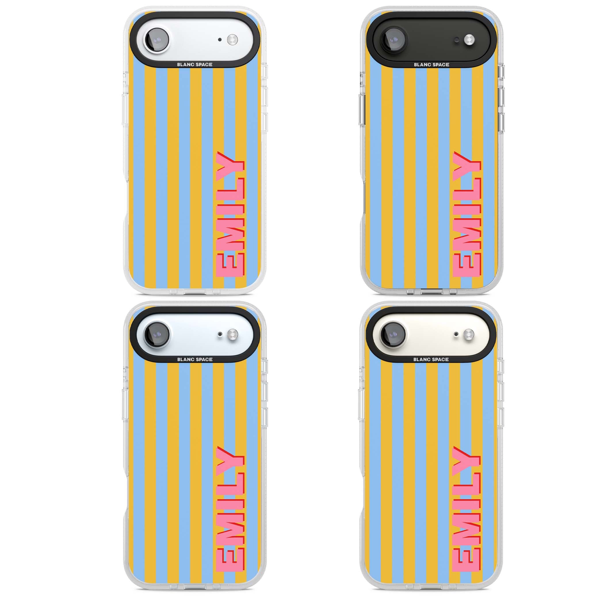 Carribean Stripe personalised coastal iPhone case with yellow and blue vertical stripes and a custom pink name | Clear Case Impact Air case for iPhone Air