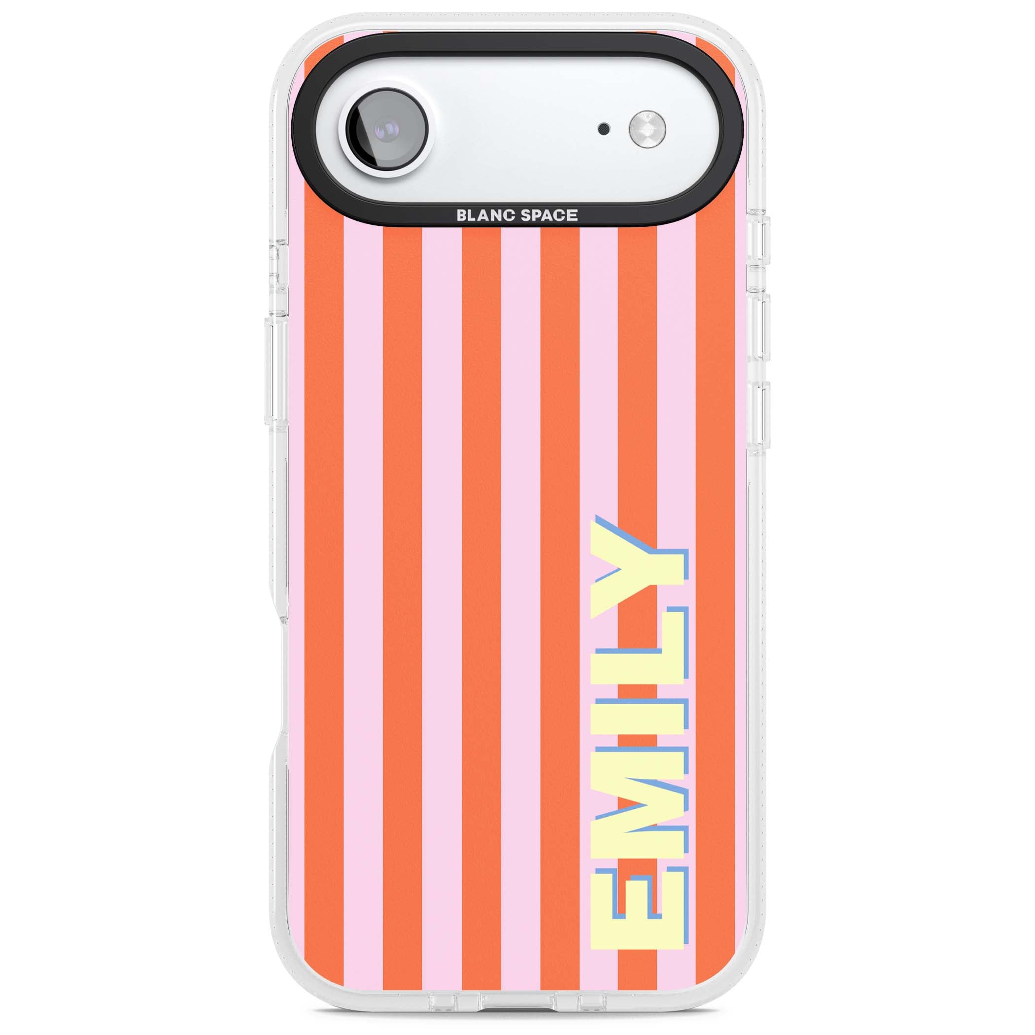 Havana Stripe personalised iPhone case featuring pink and orange vertical stripes with a custom yellow name | Clear Case Impact Air case for iPhone Air