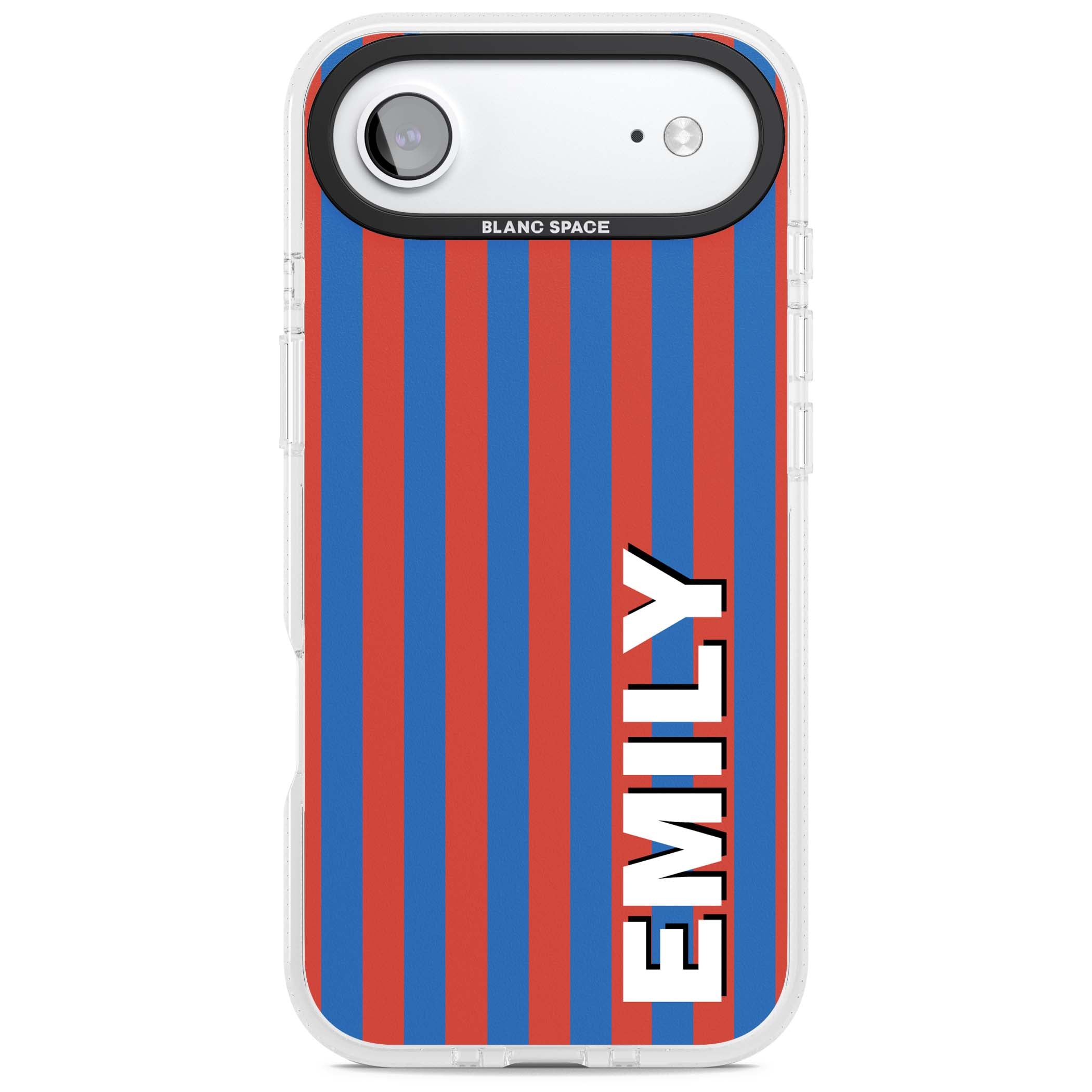 Cuban Stripe personalised iPhone case featuring red and blue vertical stripes with custom name in bold white letters | Clear Case Impact Air case for iPhone Air