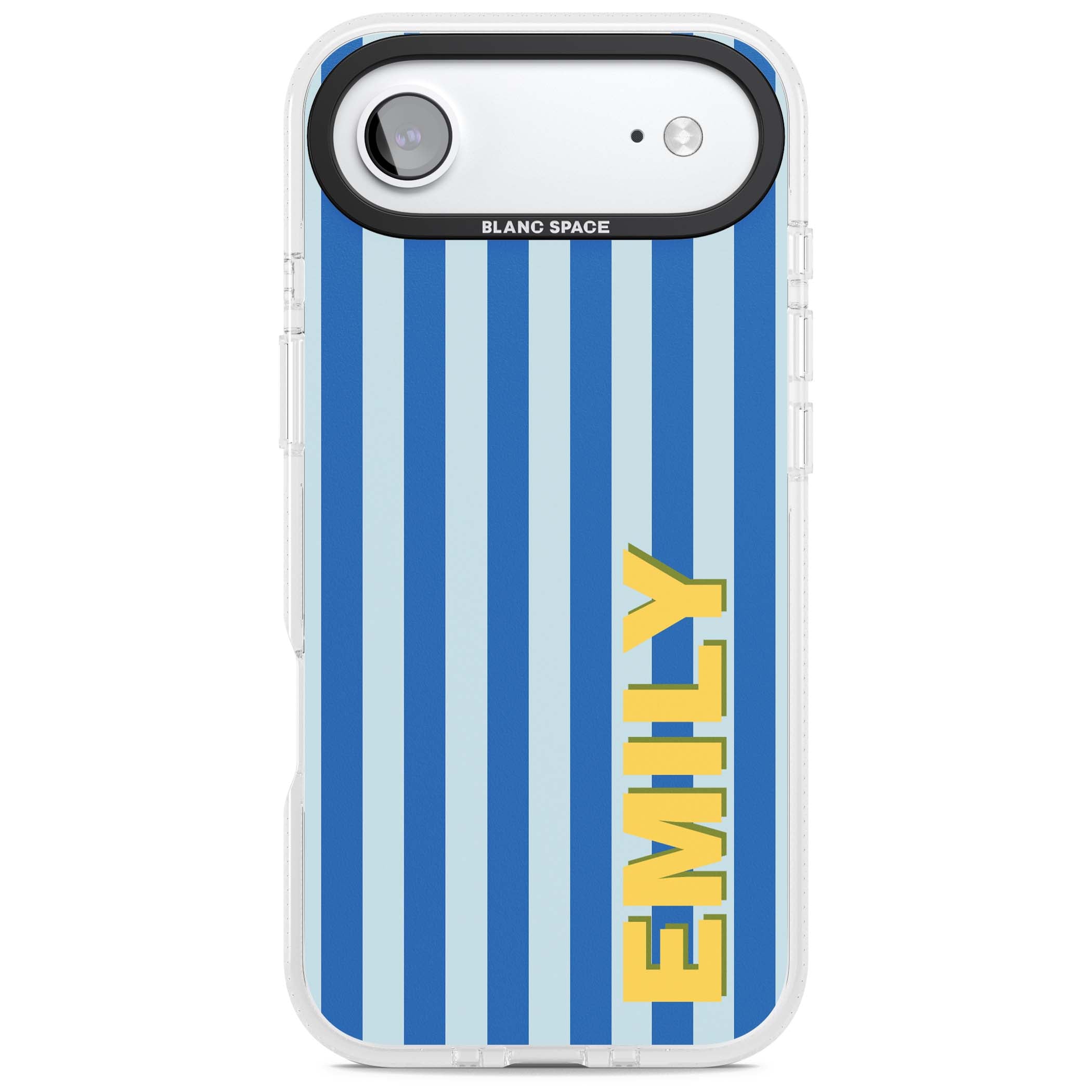 Athenian Stripe personalised preppy iPhone case featuring blue vertical stripes and a custom yellow name | Clear Case Impact Air case for iPhone Air