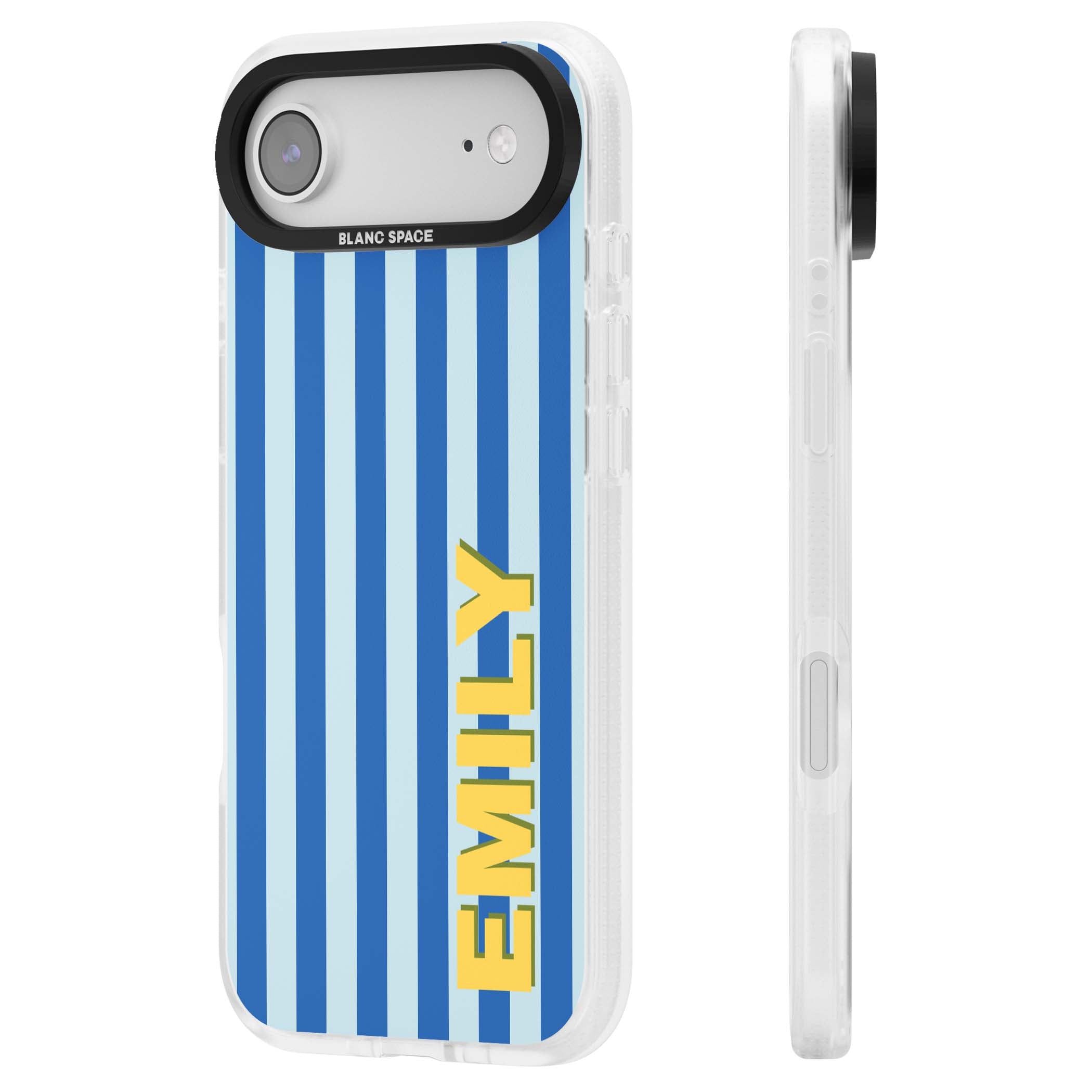Athenian Stripe personalised preppy iPhone case featuring blue vertical stripes and a custom yellow name | Clear Case Impact Air case for iPhone Air