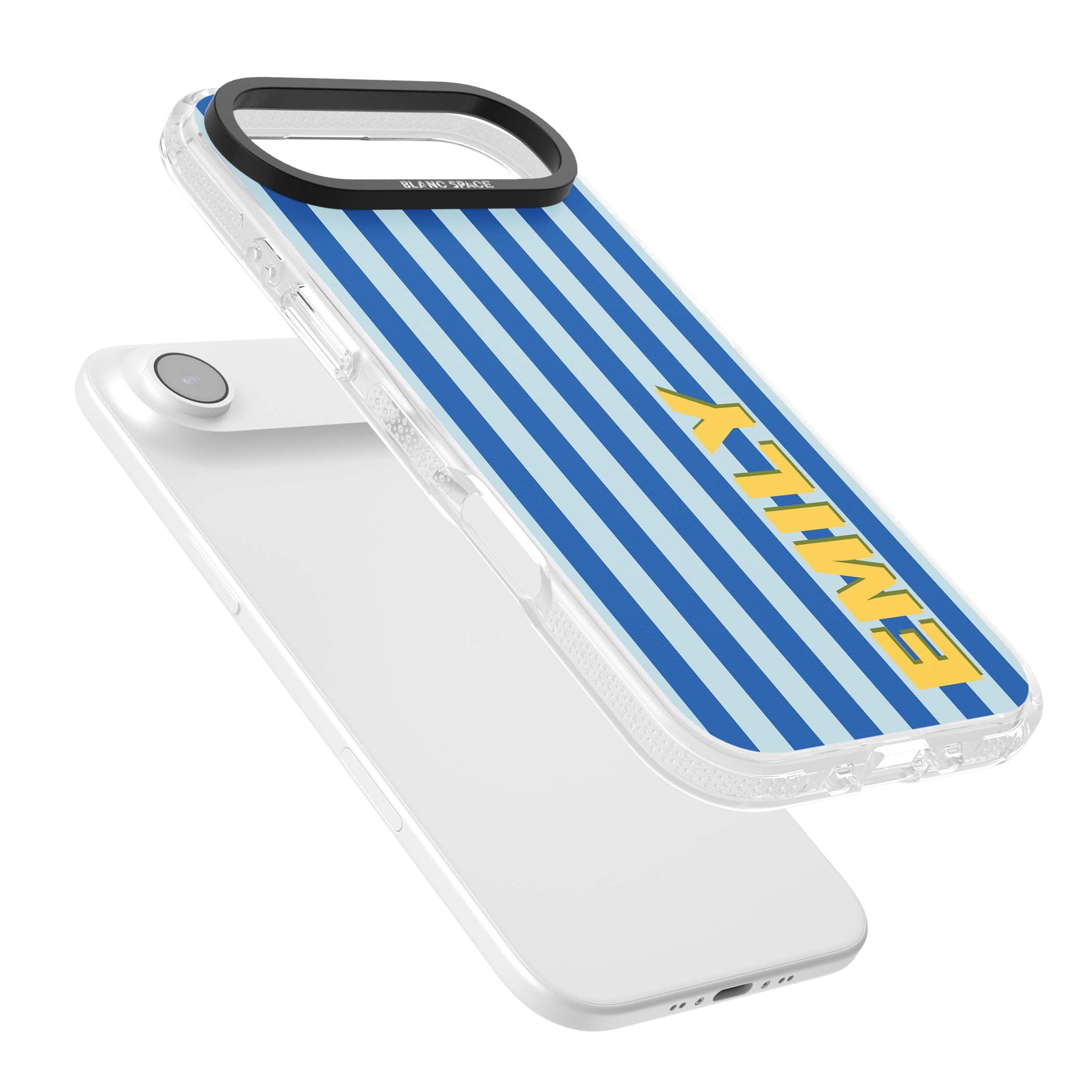 Athenian Stripe personalised preppy iPhone case featuring blue vertical stripes and a custom yellow name | Clear Case Impact Air case for iPhone Air