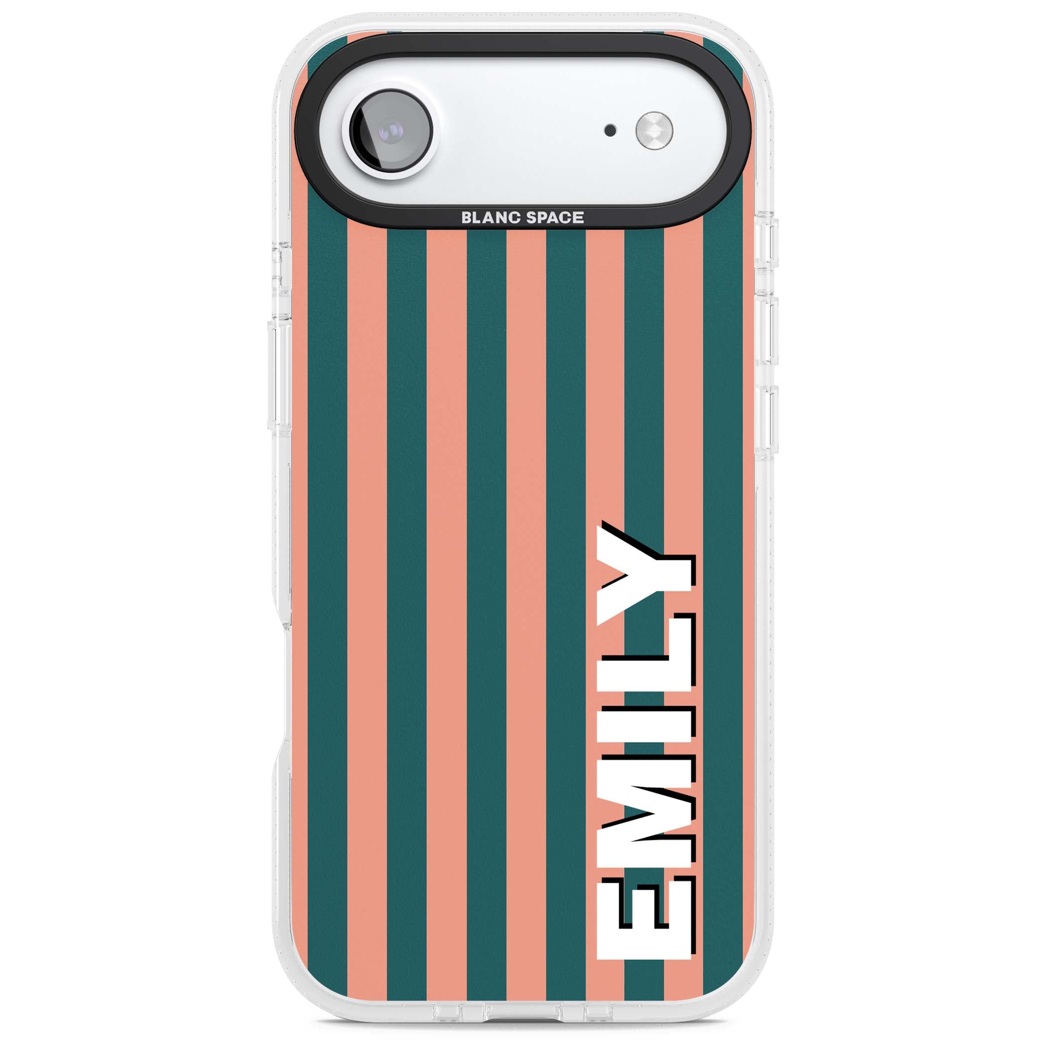 Tuscan Stripe personalised iPhone case featuring coral and green vertical stripes with bold custom name | Clear Case Impact Air case for iPhone Air