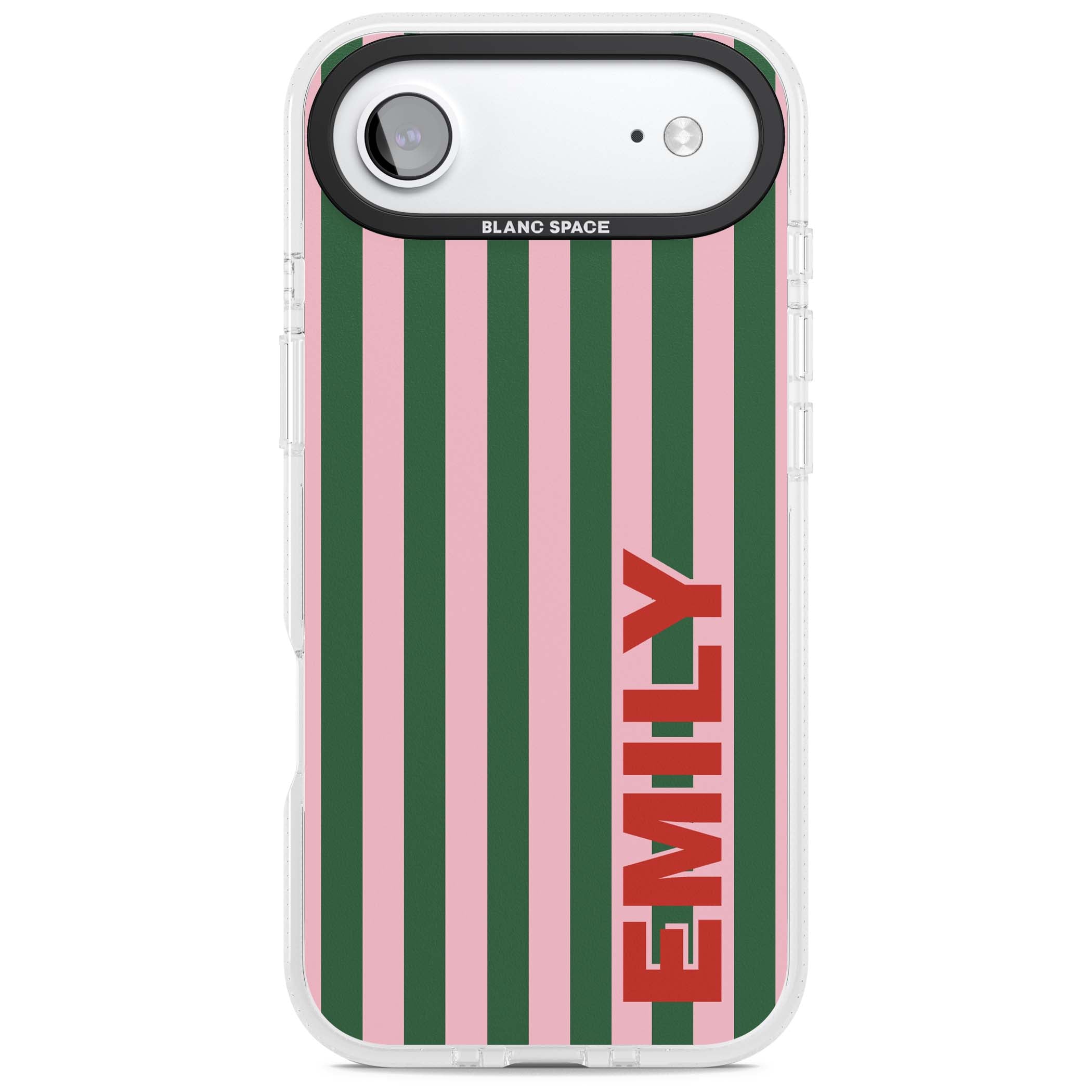 Italian Stripe preppy iPhone case featuring pink and green vertical stripes with personalised red name | Clear Case Impact Air case for iPhone Air
