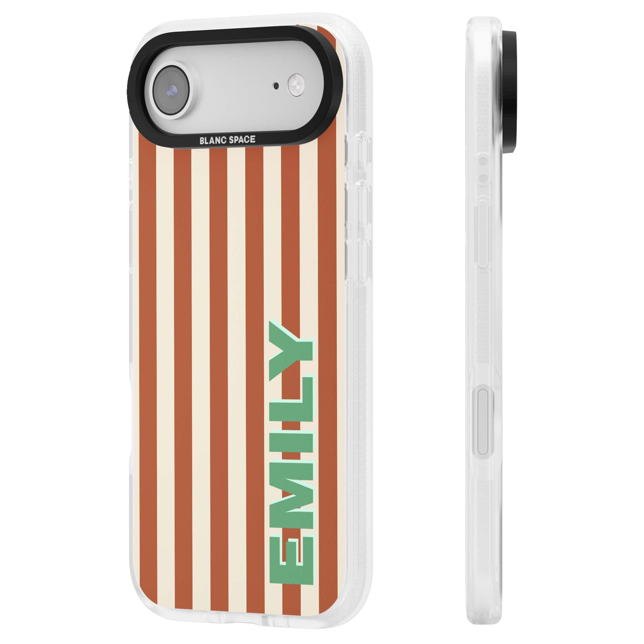 Dune Stripe personalised iPhone case with rust and cream vertical stripes and custom name in mint green | Clear Case Impact Air case for iPhone Air