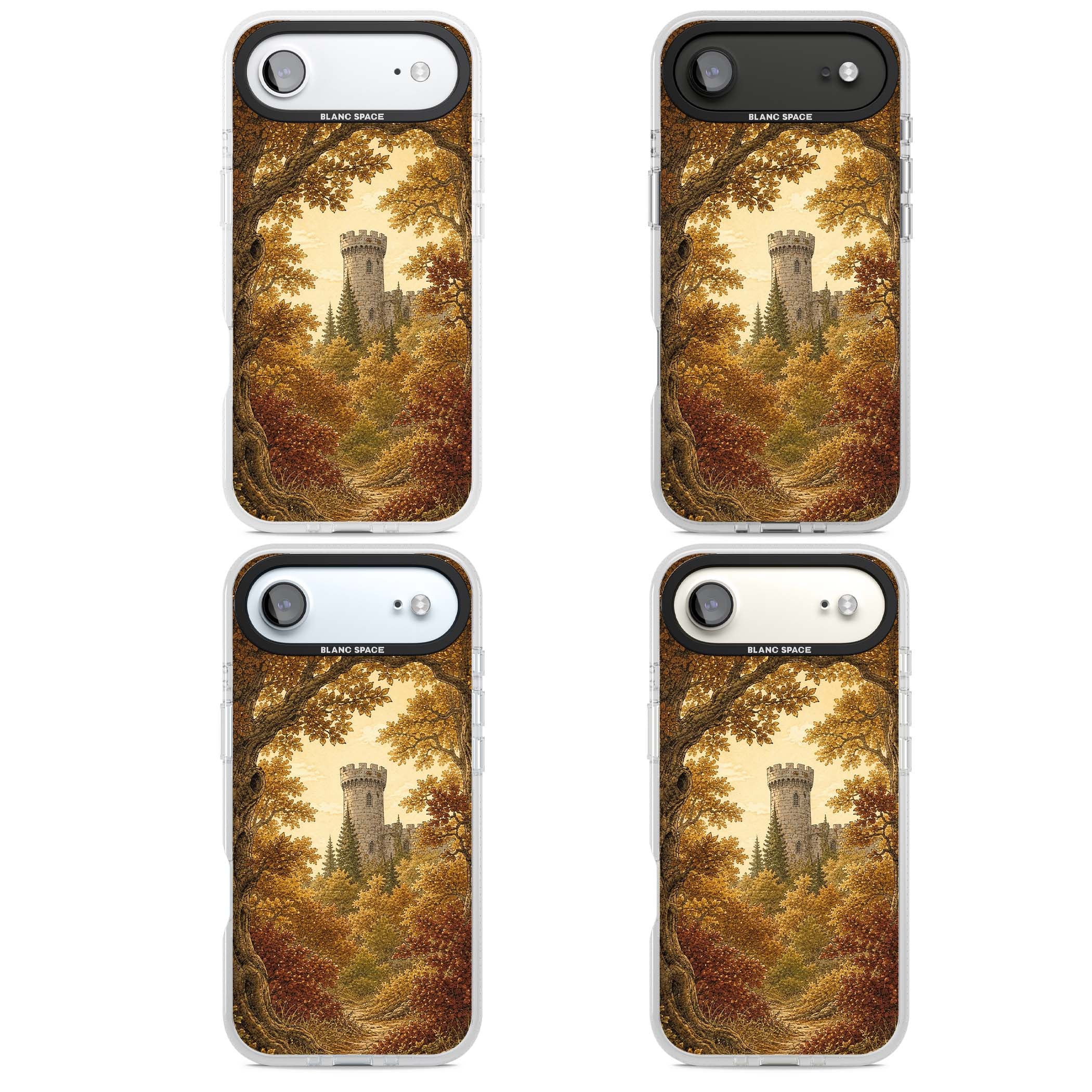 Autumn Keep cottagecore iPhone case featuring a medieval castle tower framed by golden autumn trees and woodland foliage | Clear Case Impact Air case for iPhone Air
