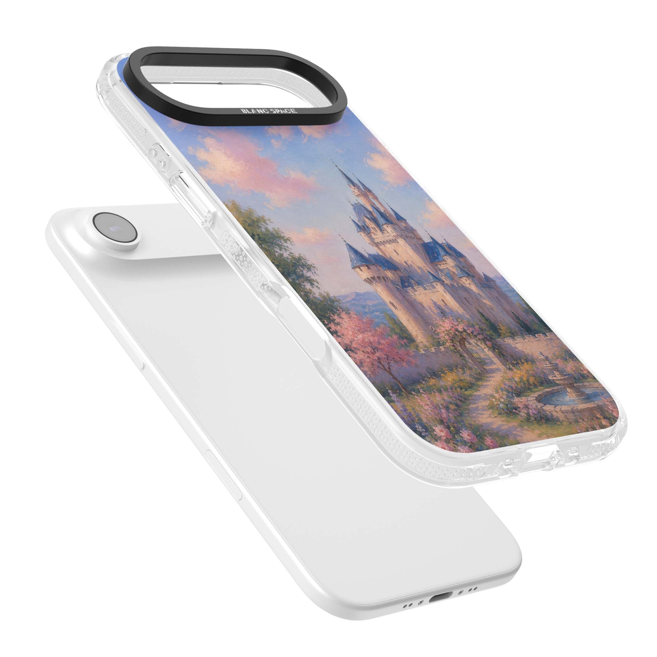 Enchanted Kingdom fairytale iPhone case featuring a romantic castle painting with cherry blossoms and pastel pink sky | Clear Case Impact Air case for iPhone Air