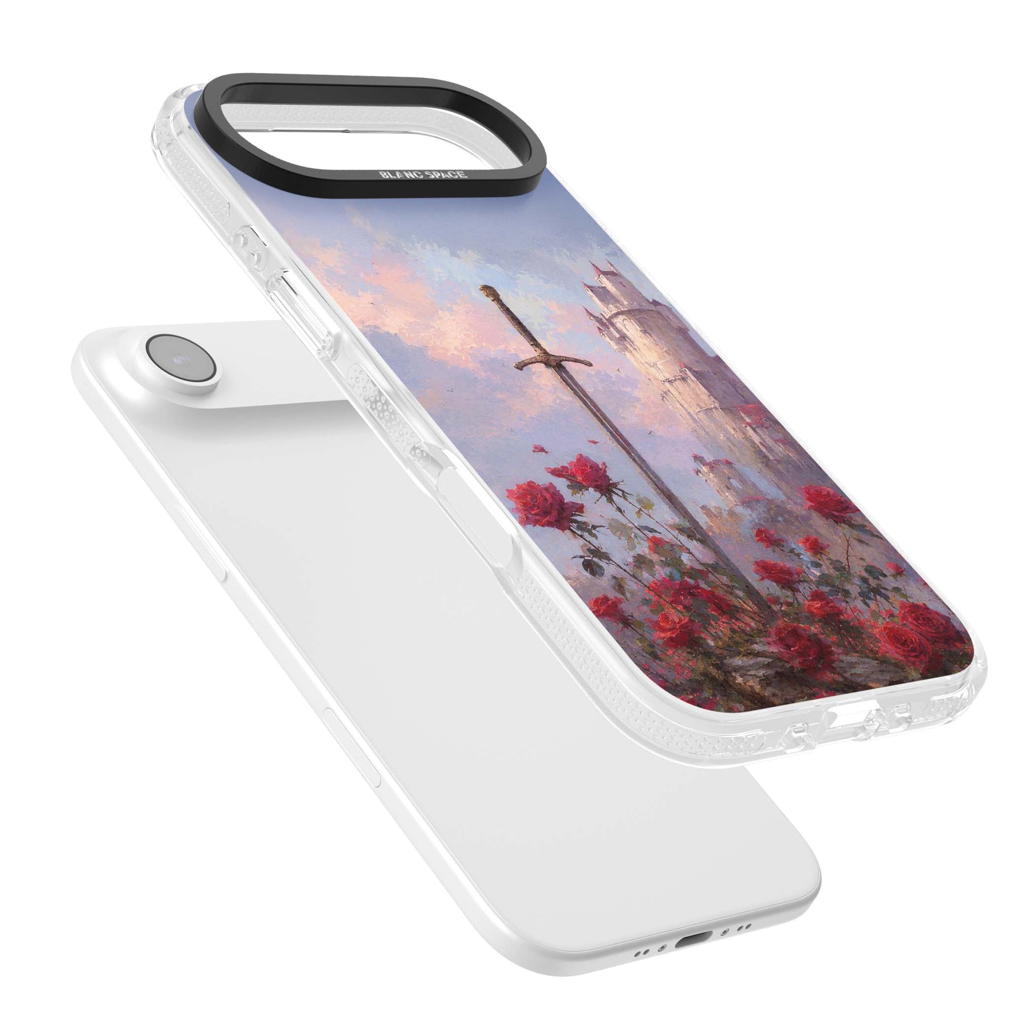 Sword in Roses medieval art iPhone case featuring a sword, red roses, and a misty fairytale castle at sunset | Clear Case Impact Air case for iPhone Air