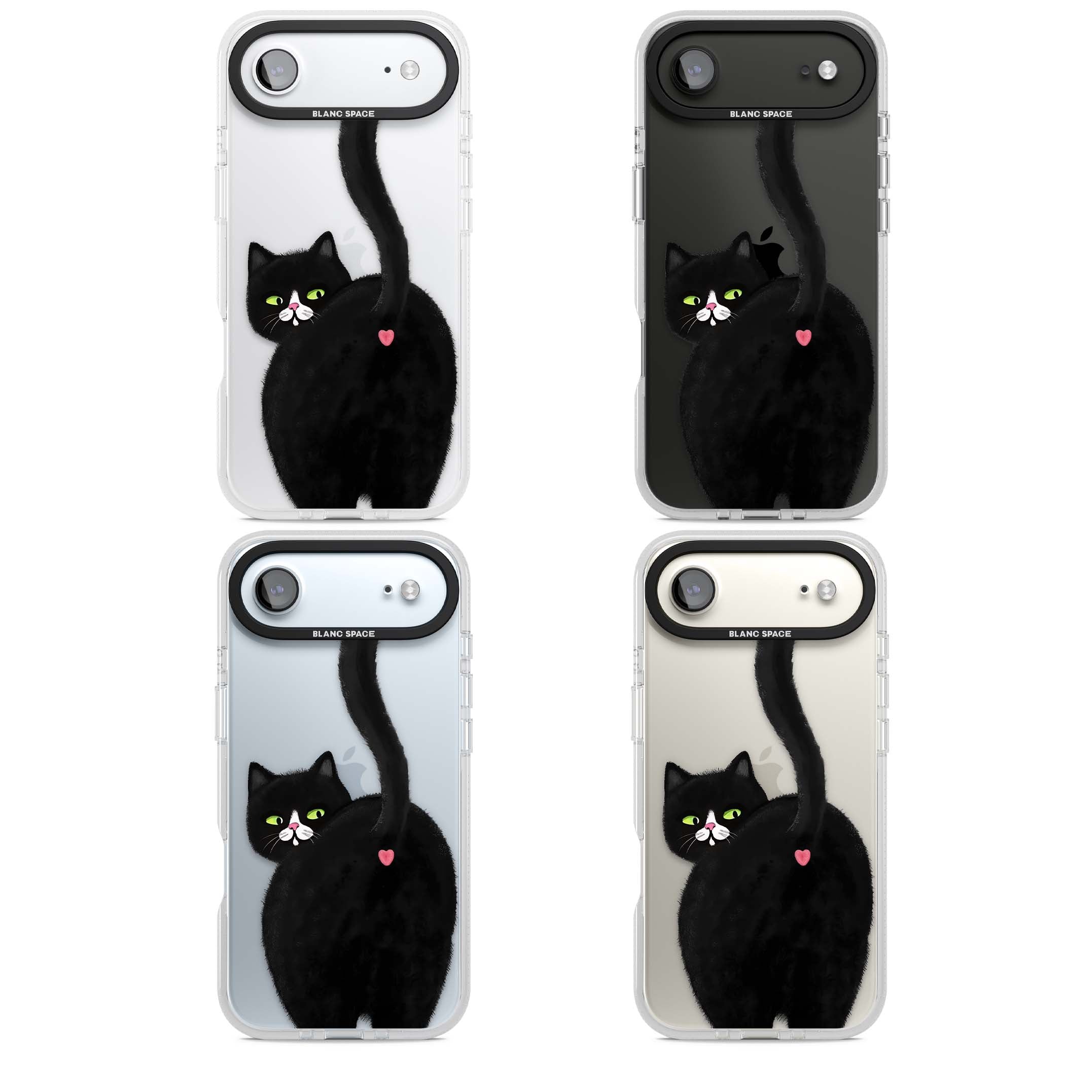 The Cat's Kiss cute cat iPhone case featuring a hand-painted tuxedo kitty with green eyes and a pink heart on a clear  | Clear Case Impact Air case for iPhone Air