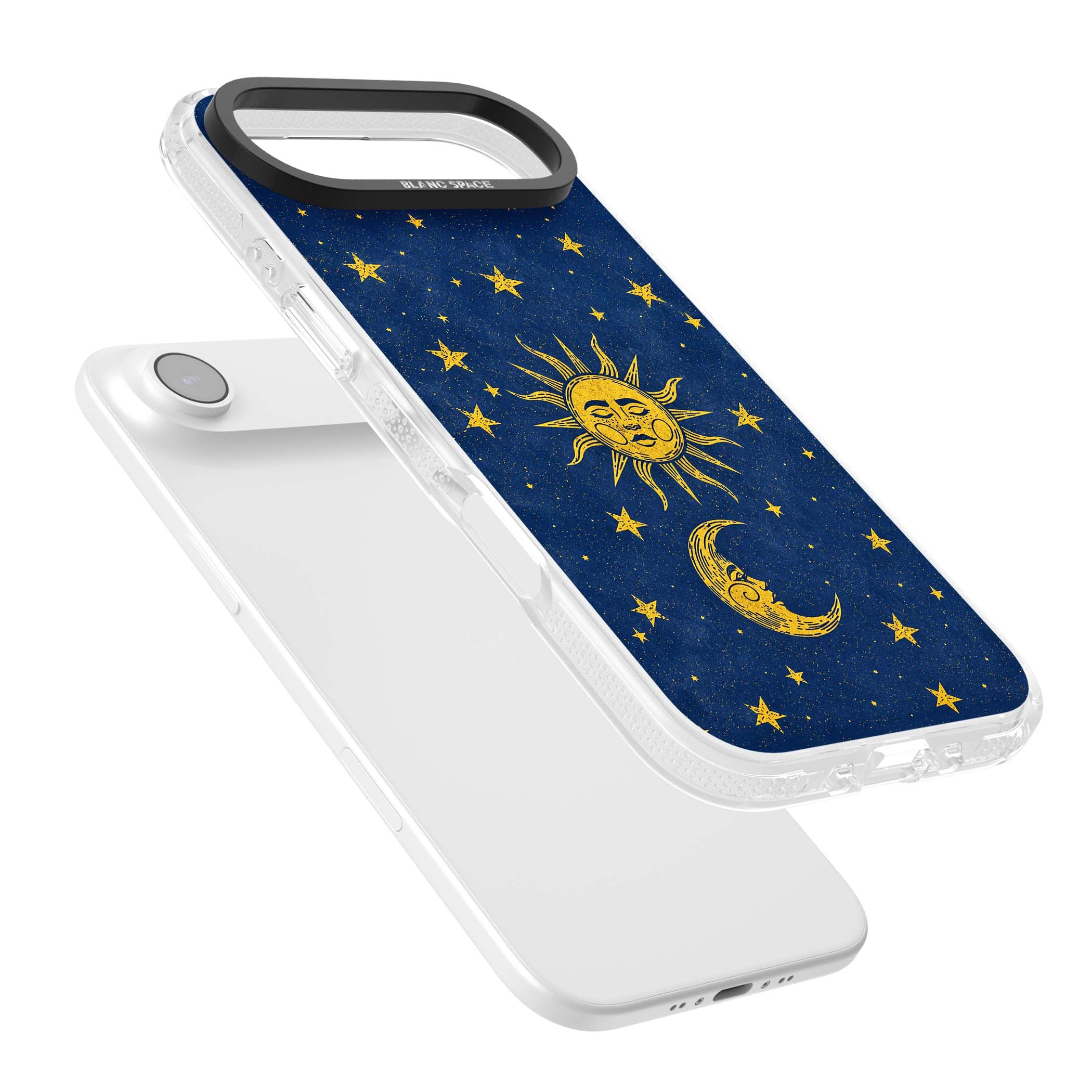 Sun & Moon Reverie celestial iPhone case featuring a vintage golden sun, crescent moon and scattered stars on midnight blue | Clear Case Impact Air case for iPhone Air
