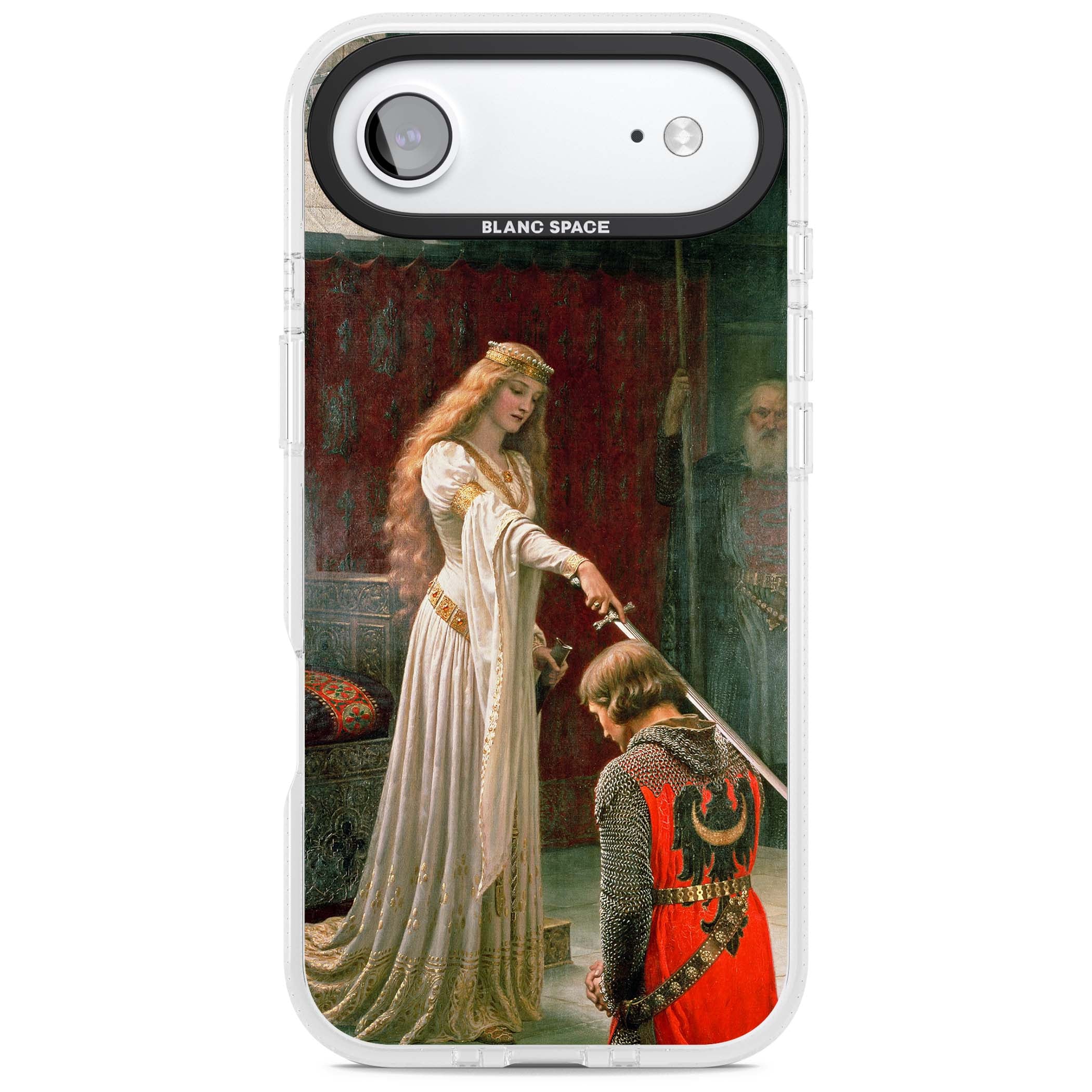 The Accolade renaissance art iPhone case featuring Edmund Blair Leighton's painting of a queen knighting a kneeling knight | Clear Case Impact Air case for iPhone Air