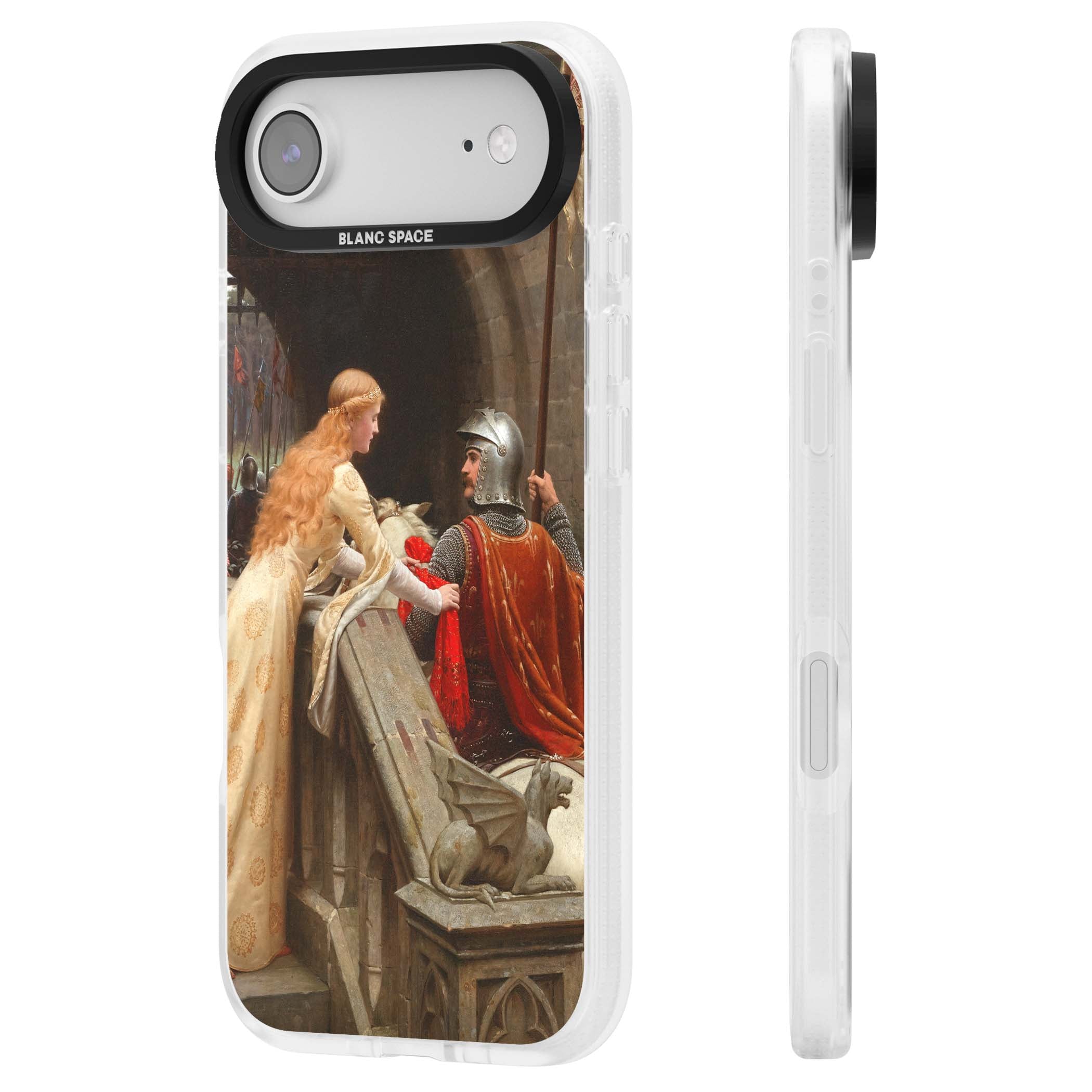 God Speed fine art iPhone case featuring Edmund Blair Leighton's medieval knight and lady beneath a stone archway | Clear Case Impact Air case for iPhone Air