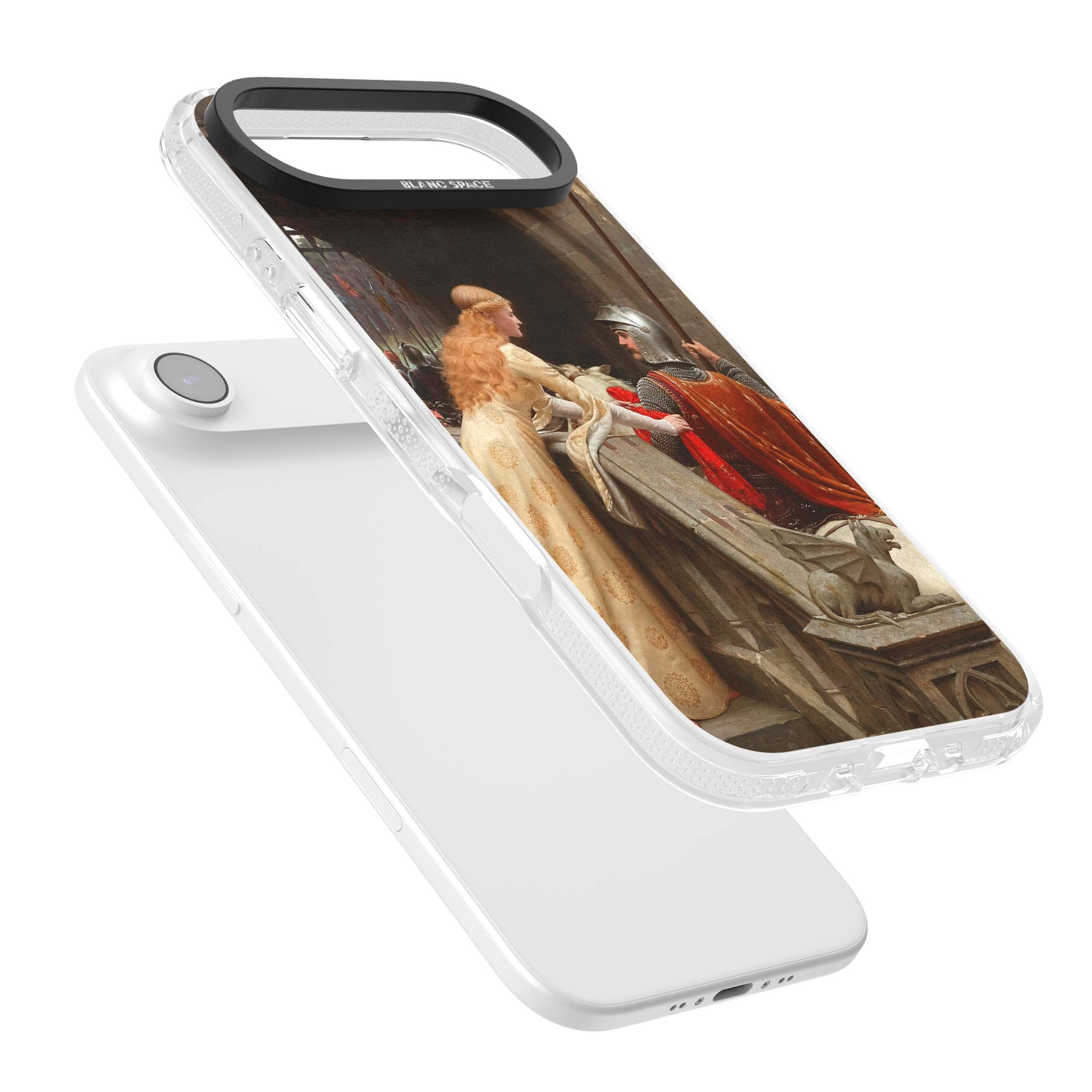 God Speed fine art iPhone case featuring Edmund Blair Leighton's medieval knight and lady beneath a stone archway | Clear Case Impact Air case for iPhone Air