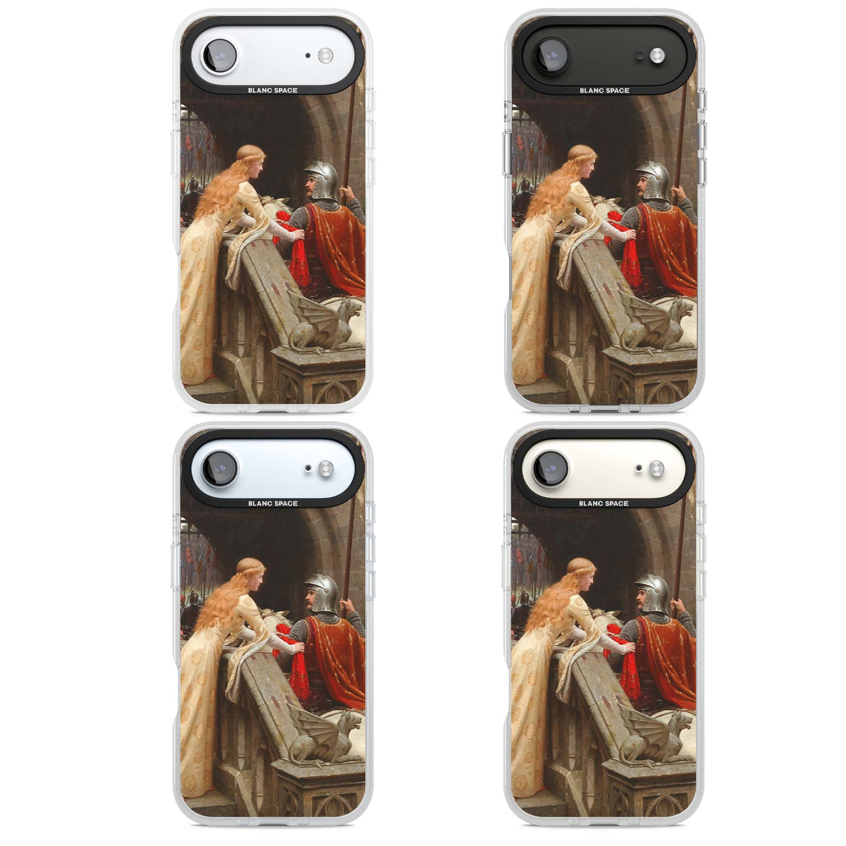 God Speed fine art iPhone case featuring Edmund Blair Leighton's medieval knight and lady beneath a stone archway | Clear Case Impact Air case for iPhone Air