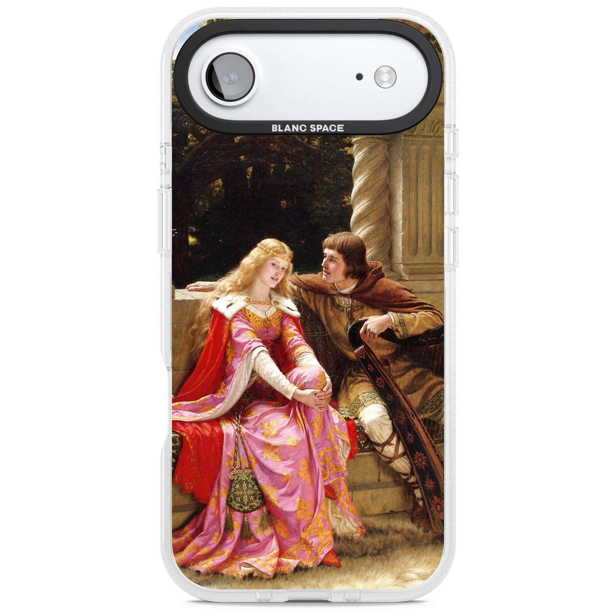 The End of the Song classic art iPhone case featuring a medieval lady in pink gown and her knight in a stone archway | Clear Case Impact Air case for iPhone Air